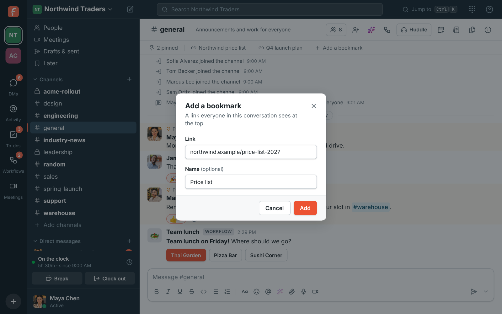 Add a bookmark: a link to northwind.example and the name Price list