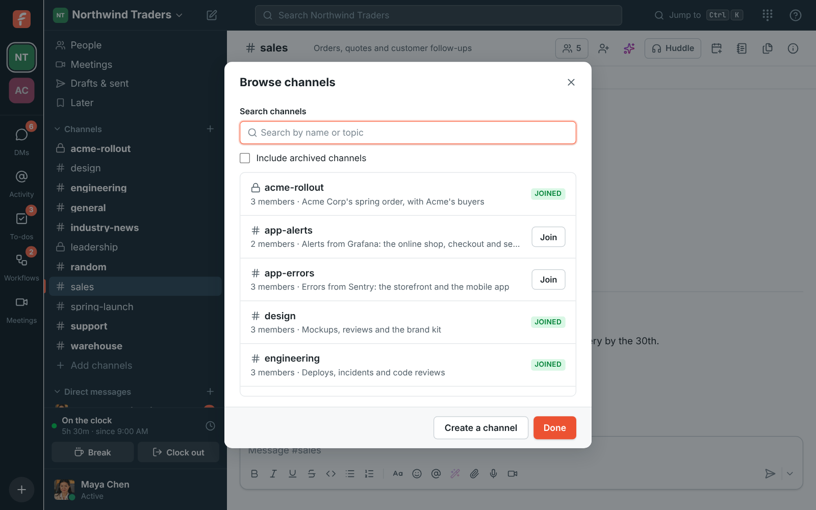 Browse channels: search by name or topic, with Joined badges and a Join button