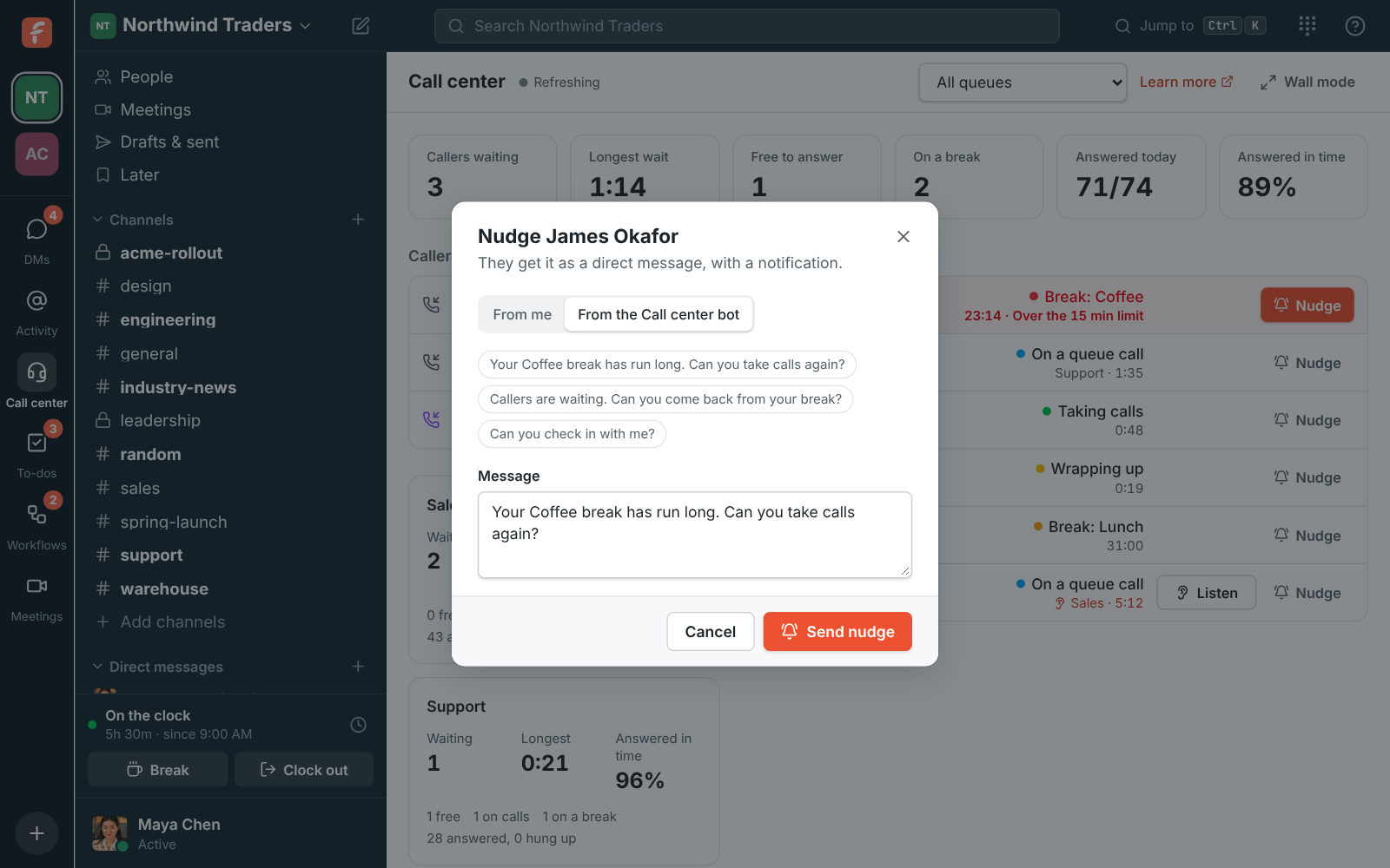 Nudging James Okafor from the Call center bot: a suggested message about his coffee break