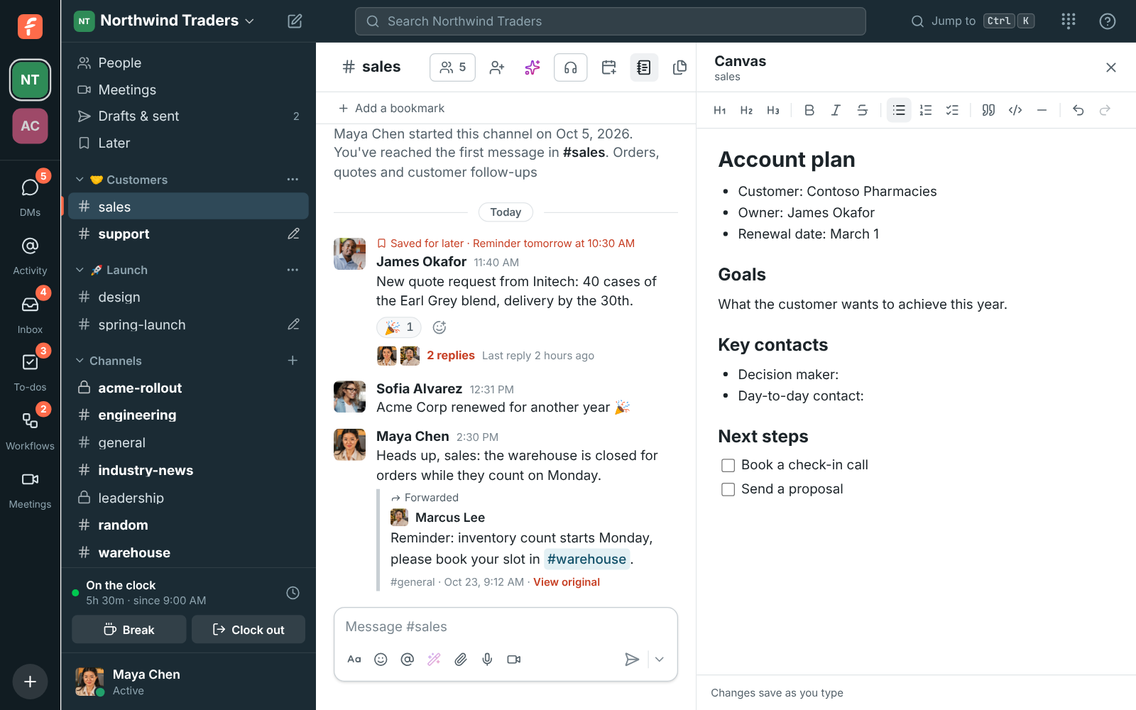 The #sales canvas filled from the Account plan template, with the customer, owner and renewal date filled in