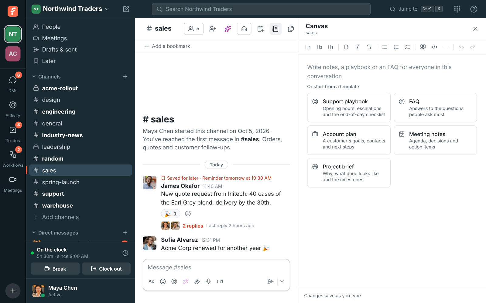 The empty canvas in #sales with five templates under it: Support playbook, FAQ, Account plan, Meeting notes and Project brief