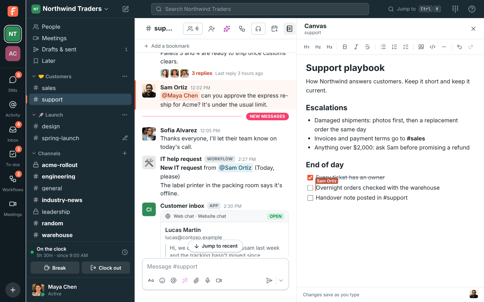 The #support channel with its canvas open on the right: a support playbook with headings, a bulleted list of escalation rules and an end-of-day checklist, with Sam Ortiz’s cursor in the checklist