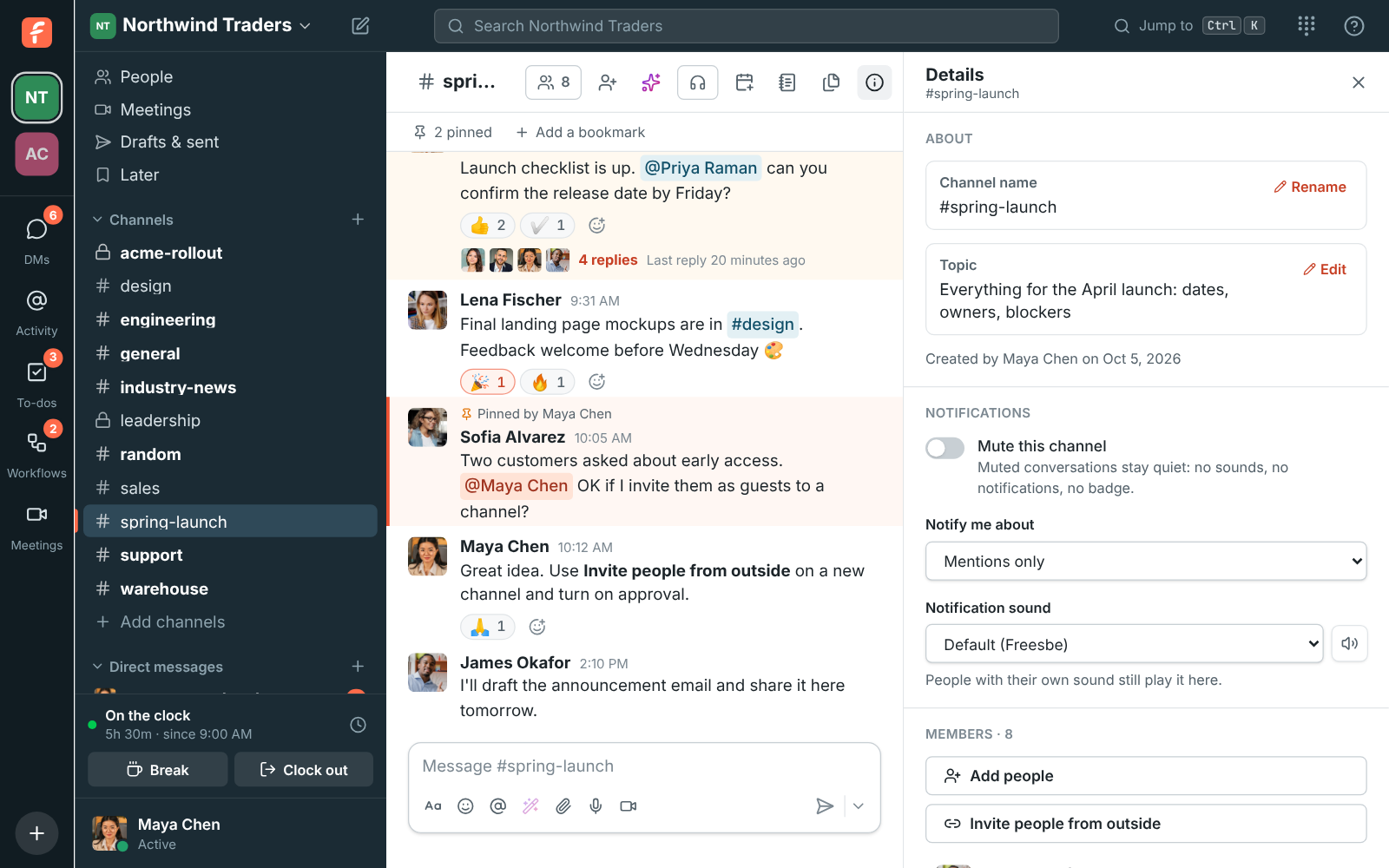 Channel details open on the right, with the topic, notification settings and members