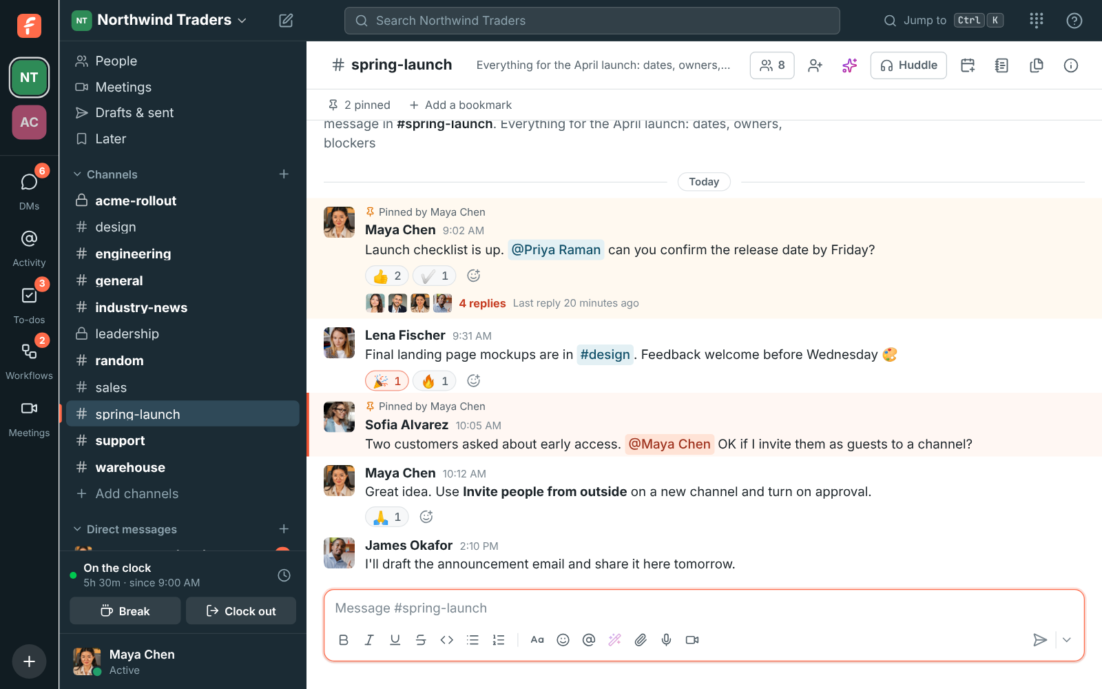 The Freesbe window: workspaces on the far left, channels and direct messages in the sidebar, the conversation in the middle