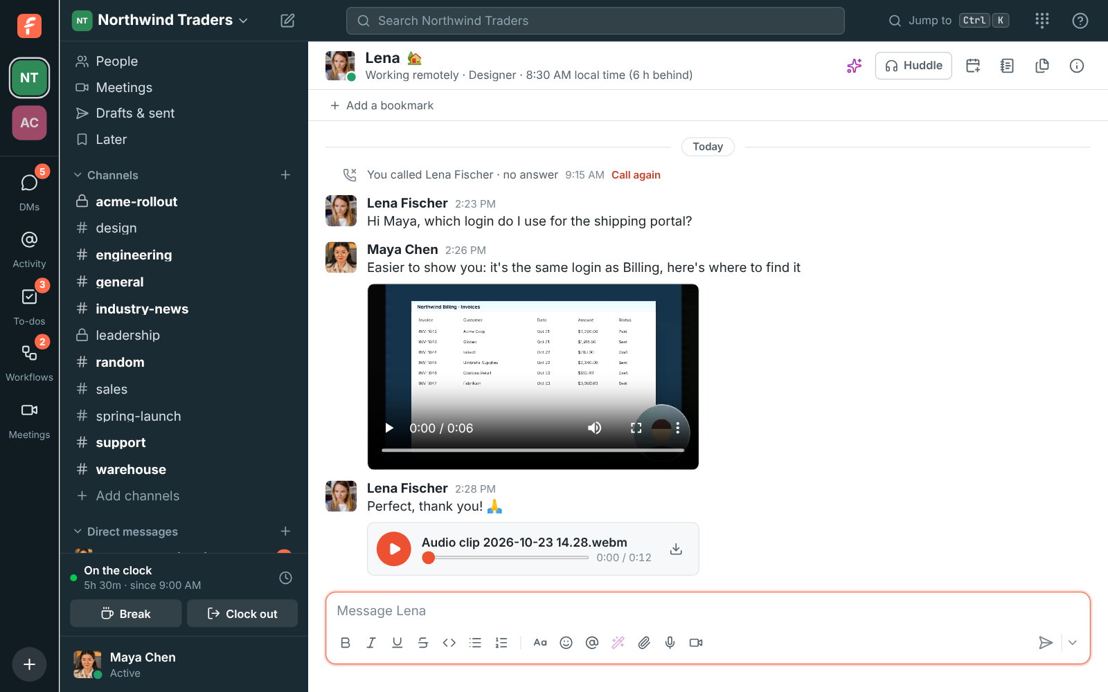 An audio clip and a video clip in a conversation