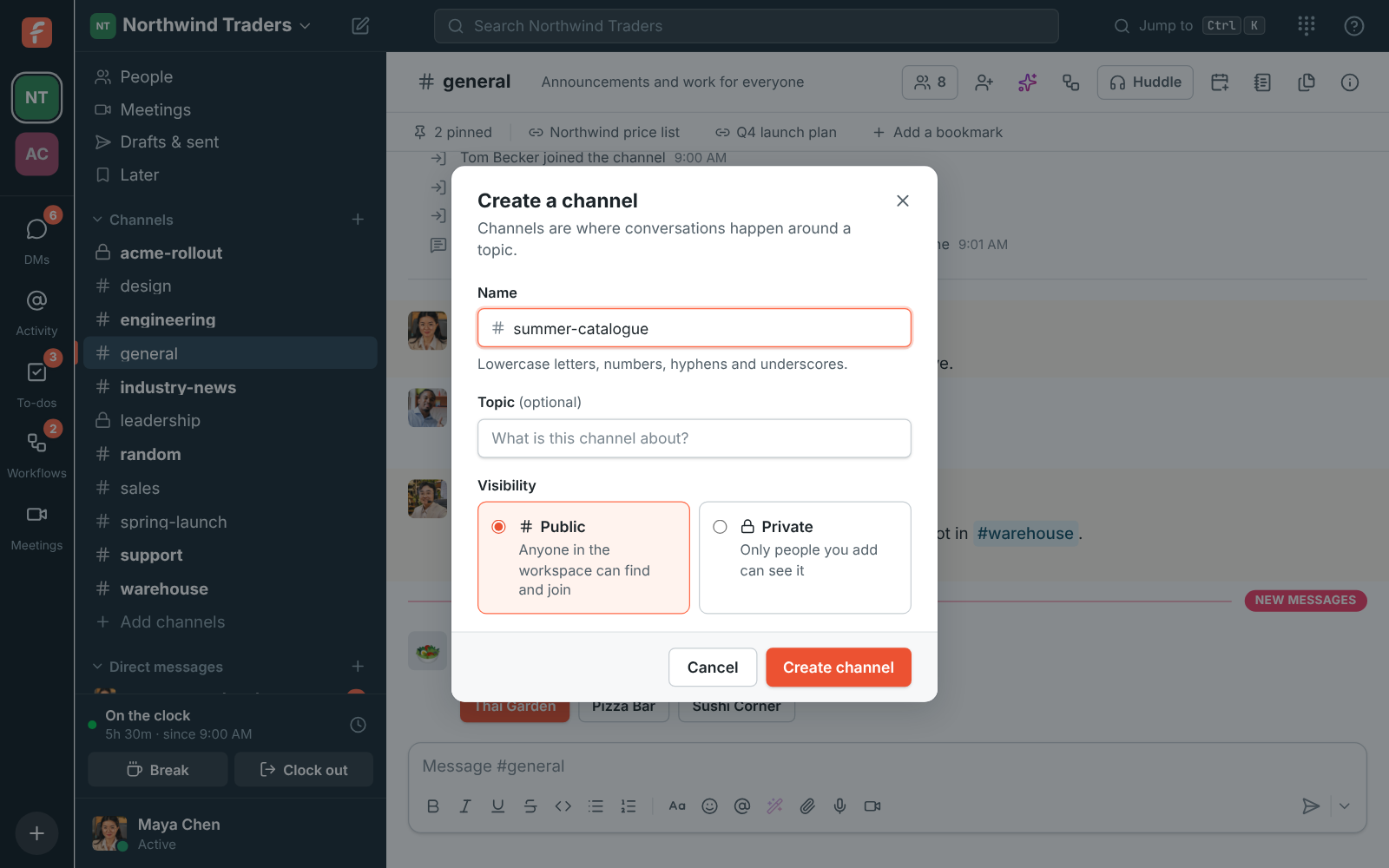 The Create a channel dialog with a name, an optional topic, and Public or Private
