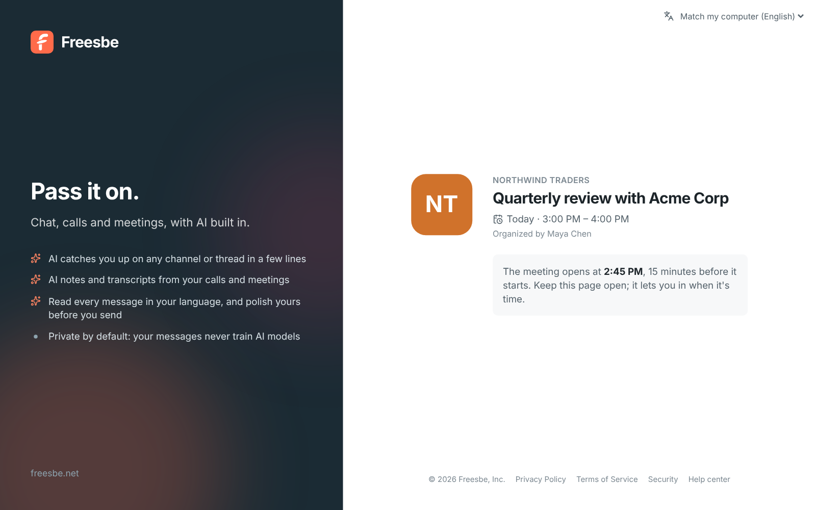 A guest meeting link on the workspace’s domain: the Northwind Traders initials and name, Quarterly review with Acme Corp, organized by Maya Chen, and a note that the meeting opens 15 minutes before it starts