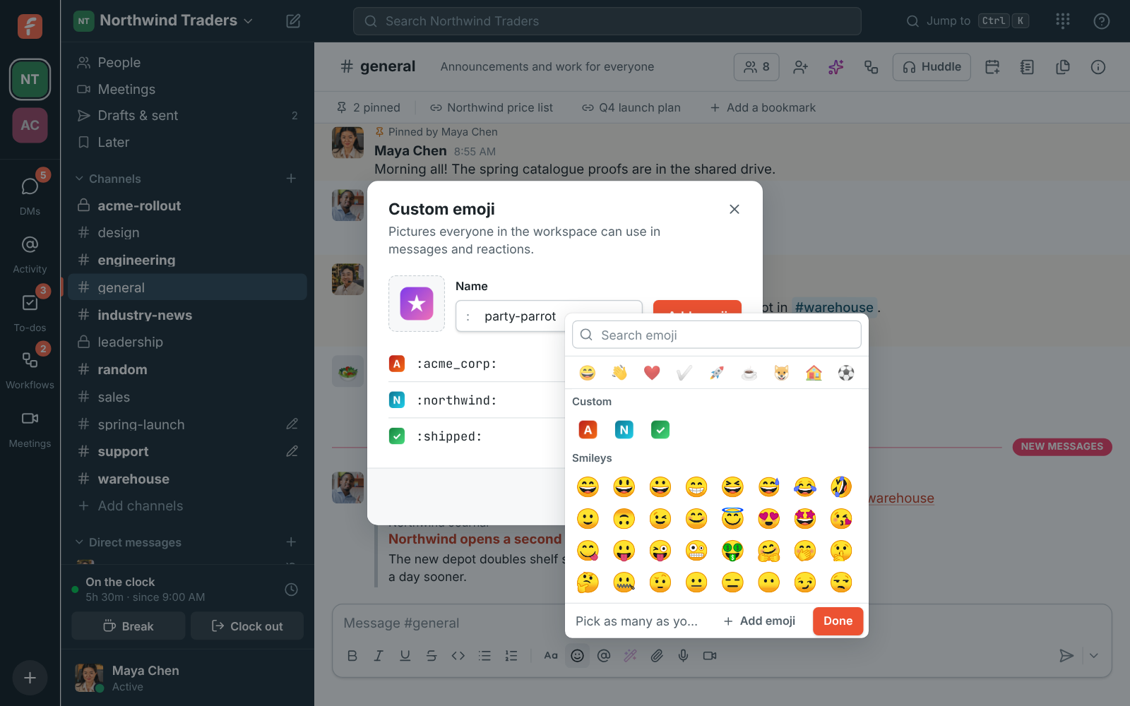The Custom emoji window: a party parrot picture named party_parrot ready to add, above the workspace’s custom emoji and who added each