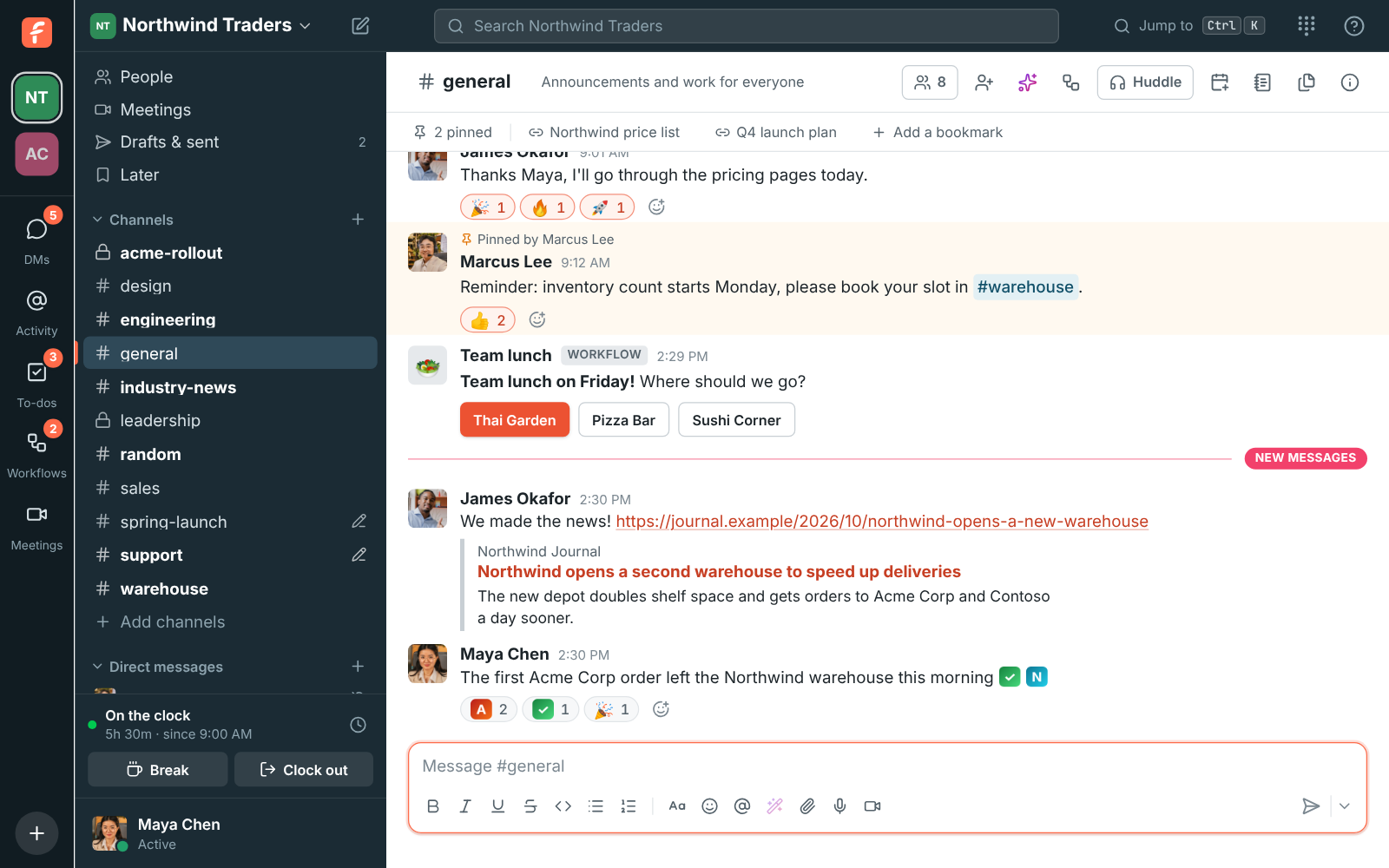 A message in #general with the workspace’s own emoji in its text and as reactions under it