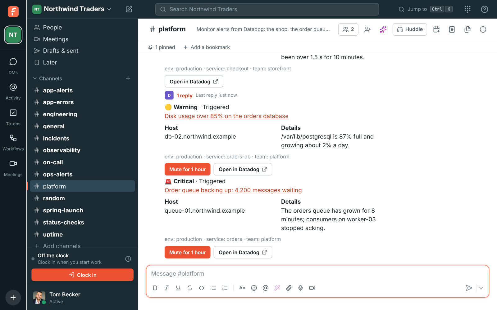 #platform with Datadog alerts: an order queue backing up, disk filling on a database, and a checkout latency alert that recovered