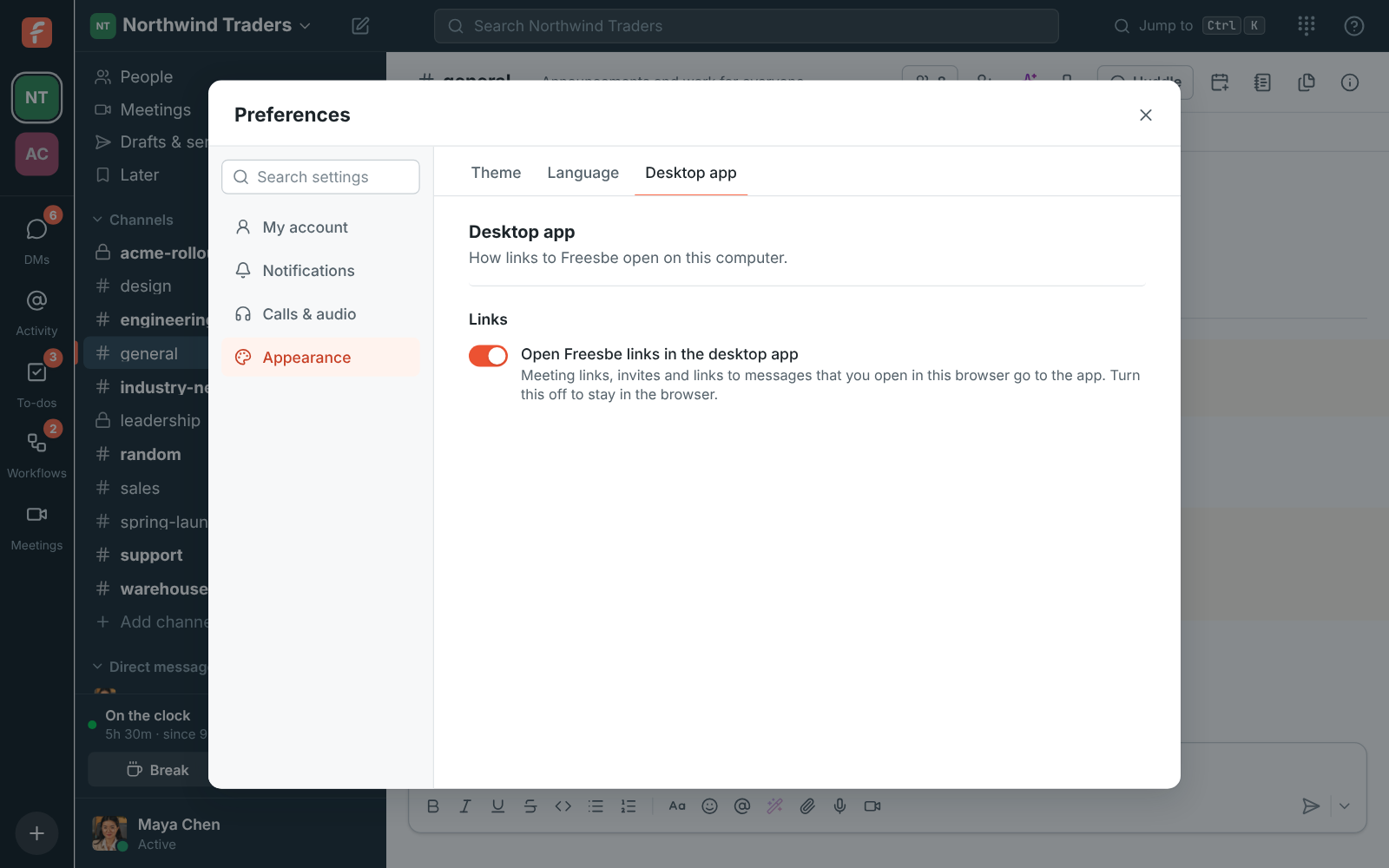 Preferences → Appearance → Desktop app in a browser, with Open Freesbe links in the desktop app turned on