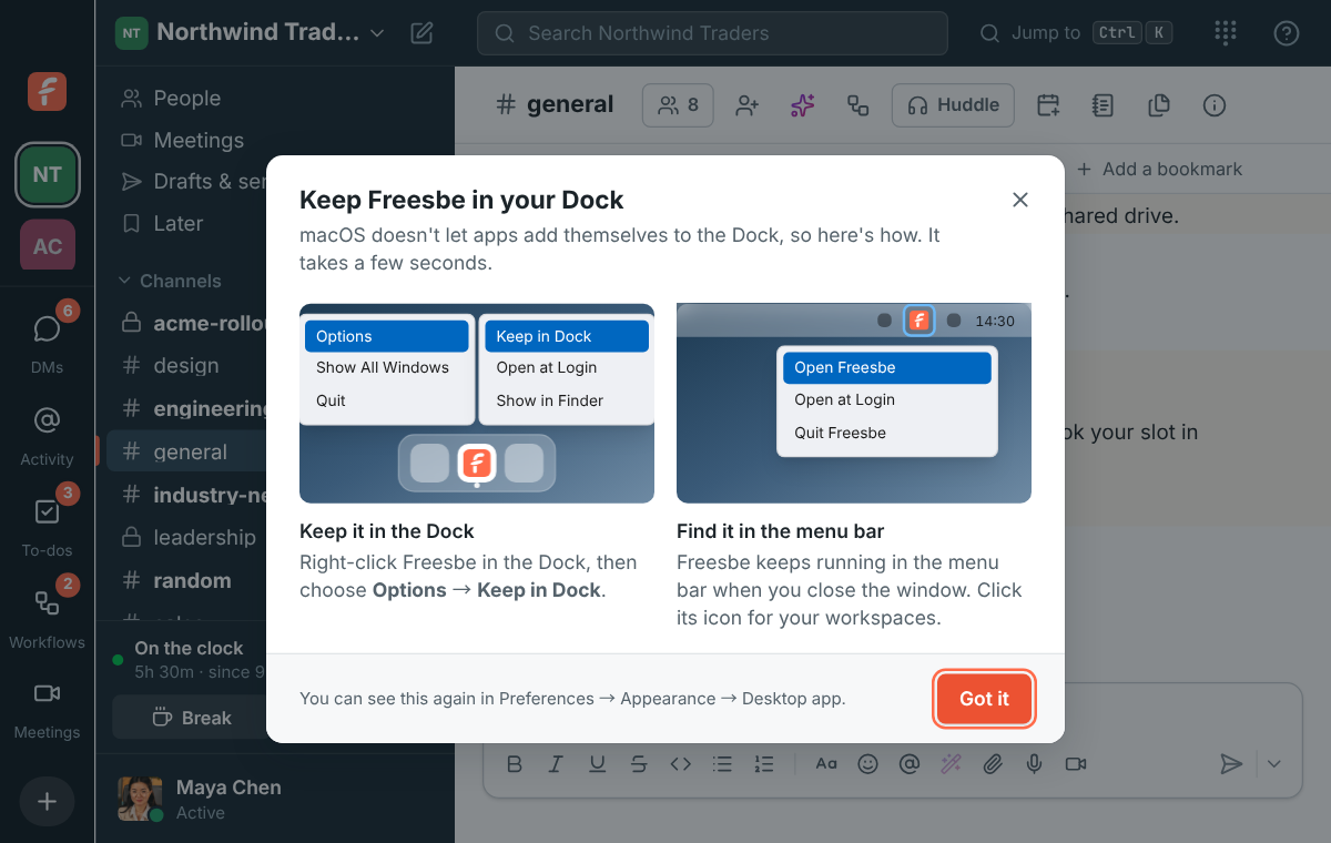 The first-launch tip on a Mac: keep Freesbe in the Dock, and find it in the menu bar