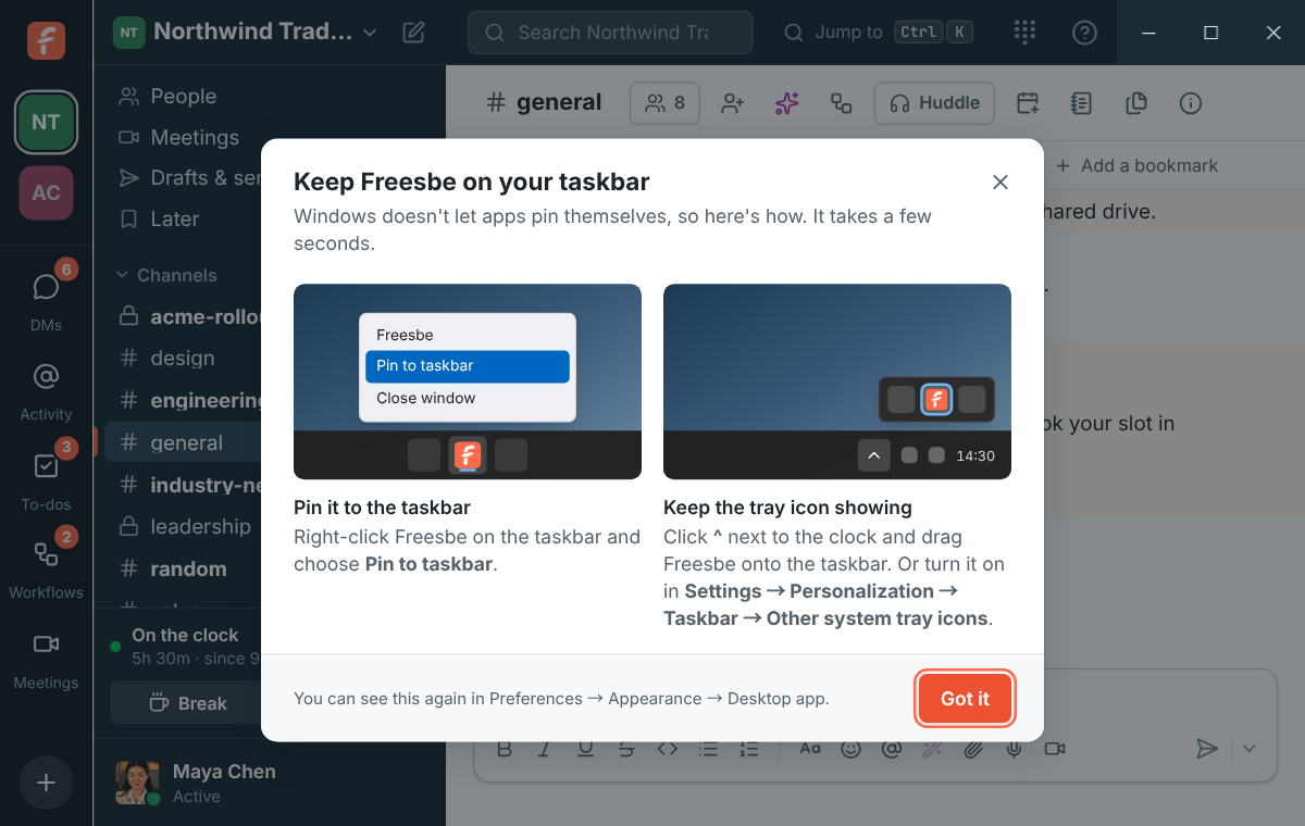 The first-launch tip on Windows: pin Freesbe to the taskbar, and keep its tray icon showing
