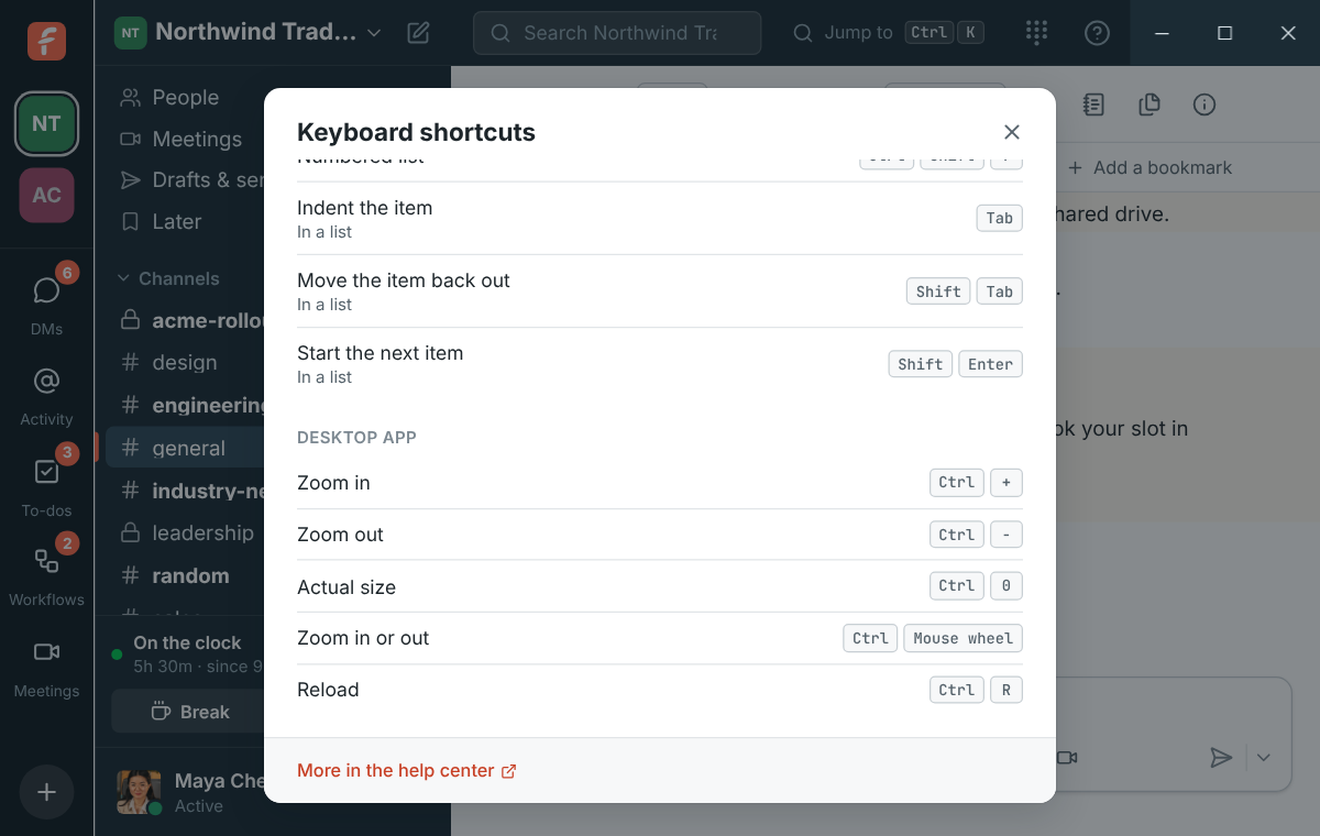 The keyboard shortcuts dialog in the desktop app, ending with zoom in, zoom out, actual size and reload