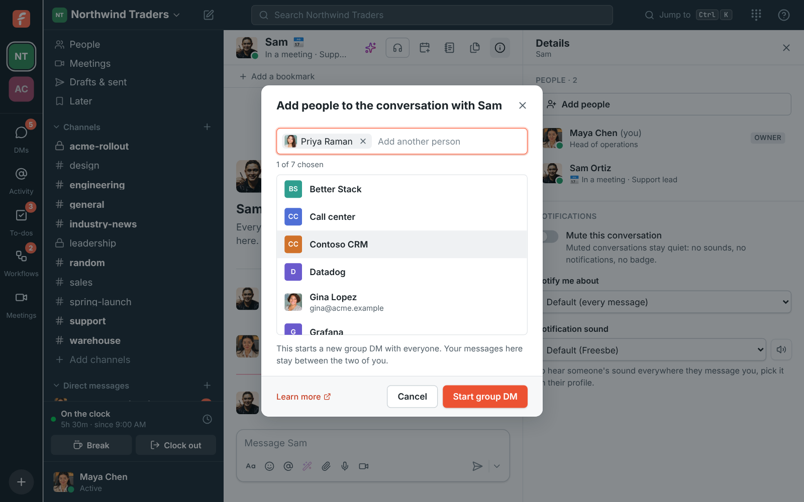 The Add people dialog in a 1 DM with Sam, explaining that it starts a new group DM