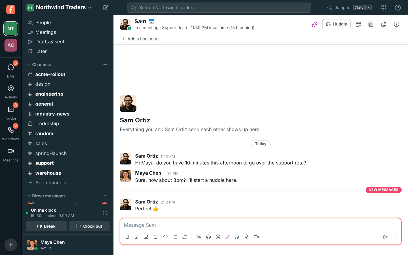 A direct message with Sam, showing Sam’s status and local time in the header