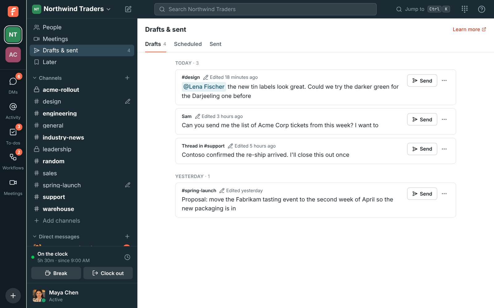 The Drafts page: drafts for #design, a DM with Sam, a thread in #support and #spring-launch, each with Send and a ⋯ menu