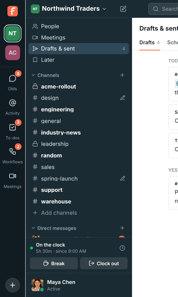The sidebar with Drafts & sent under Meetings and pencils next to #design and #spring-launch, which have messages waiting to be sent