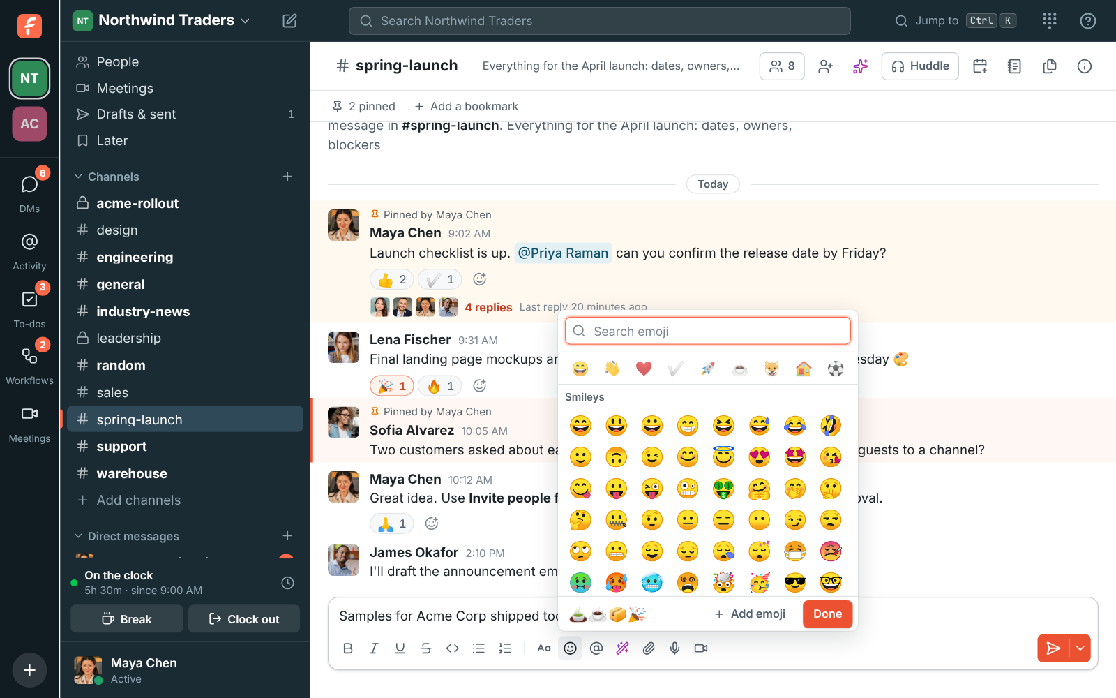 The emoji picker open over the message box in #spring-launch, with four emoji added to the message and Done at the bottom