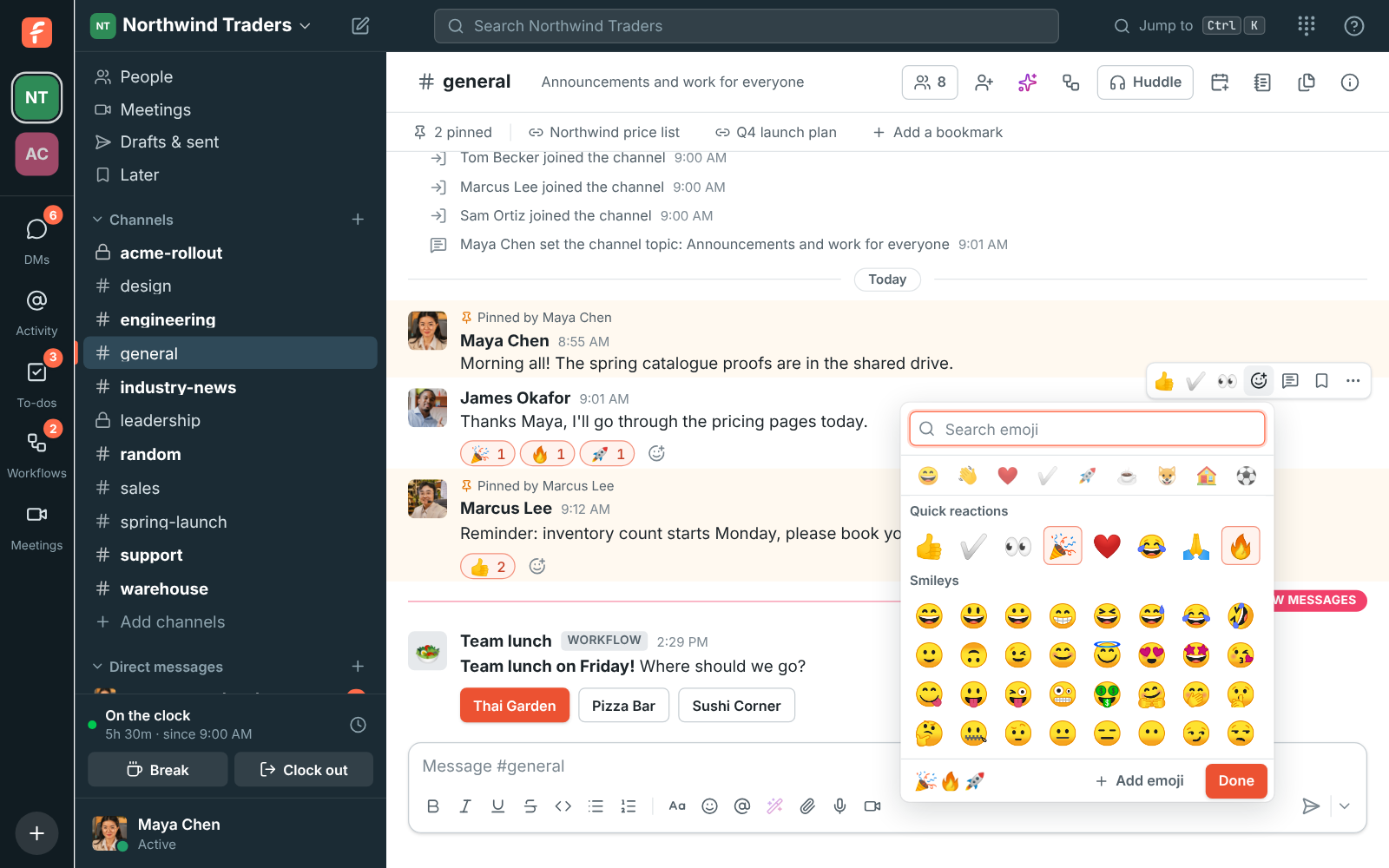 The reaction picker on James’s message, with 🎉 and 🔥 highlighted as chosen, and the three reactions Maya just added under the message