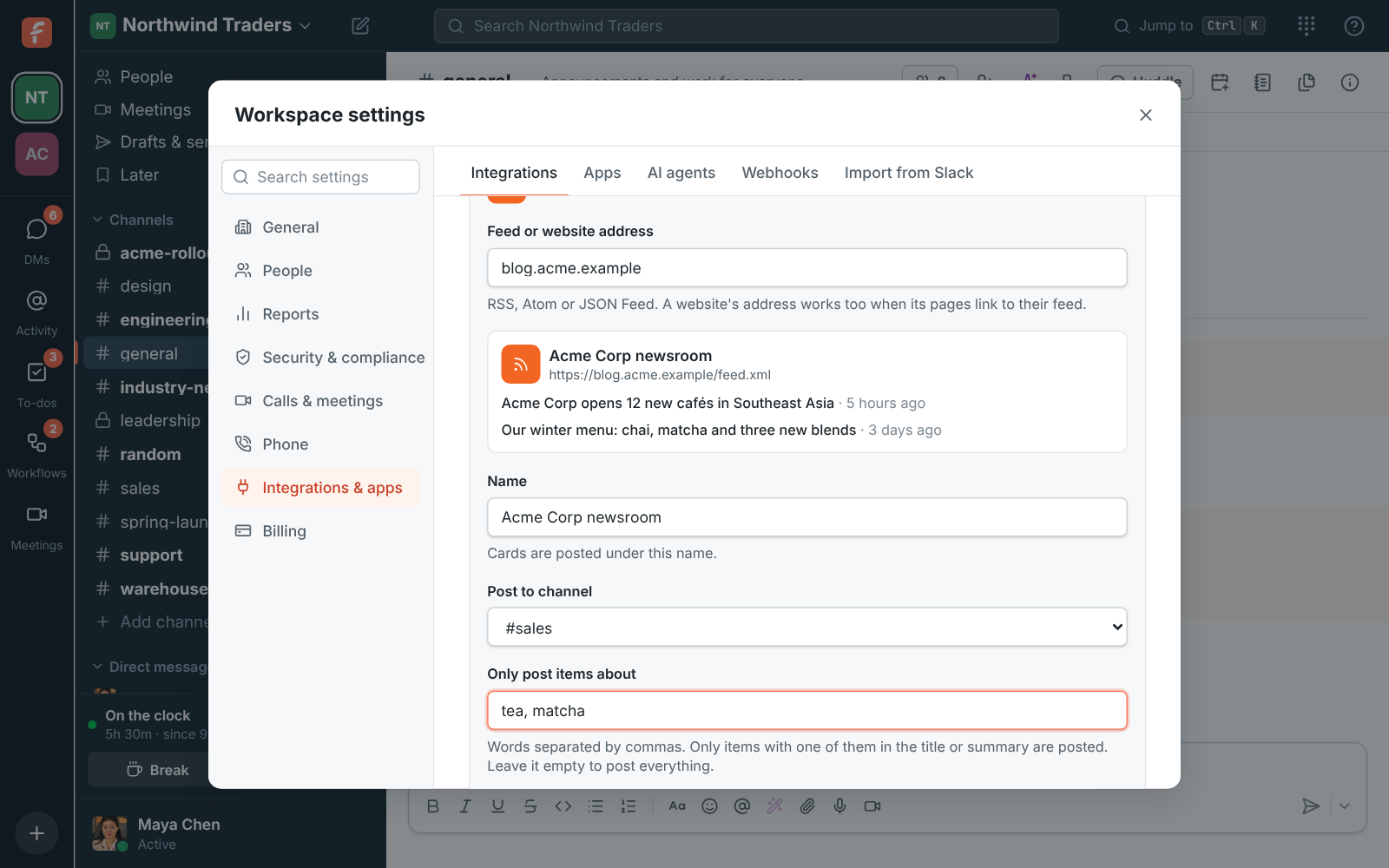Adding Acme Corp’s newsroom: the feed found from the website’s address, its newest items, #sales as the channel and the keywords tea and matcha