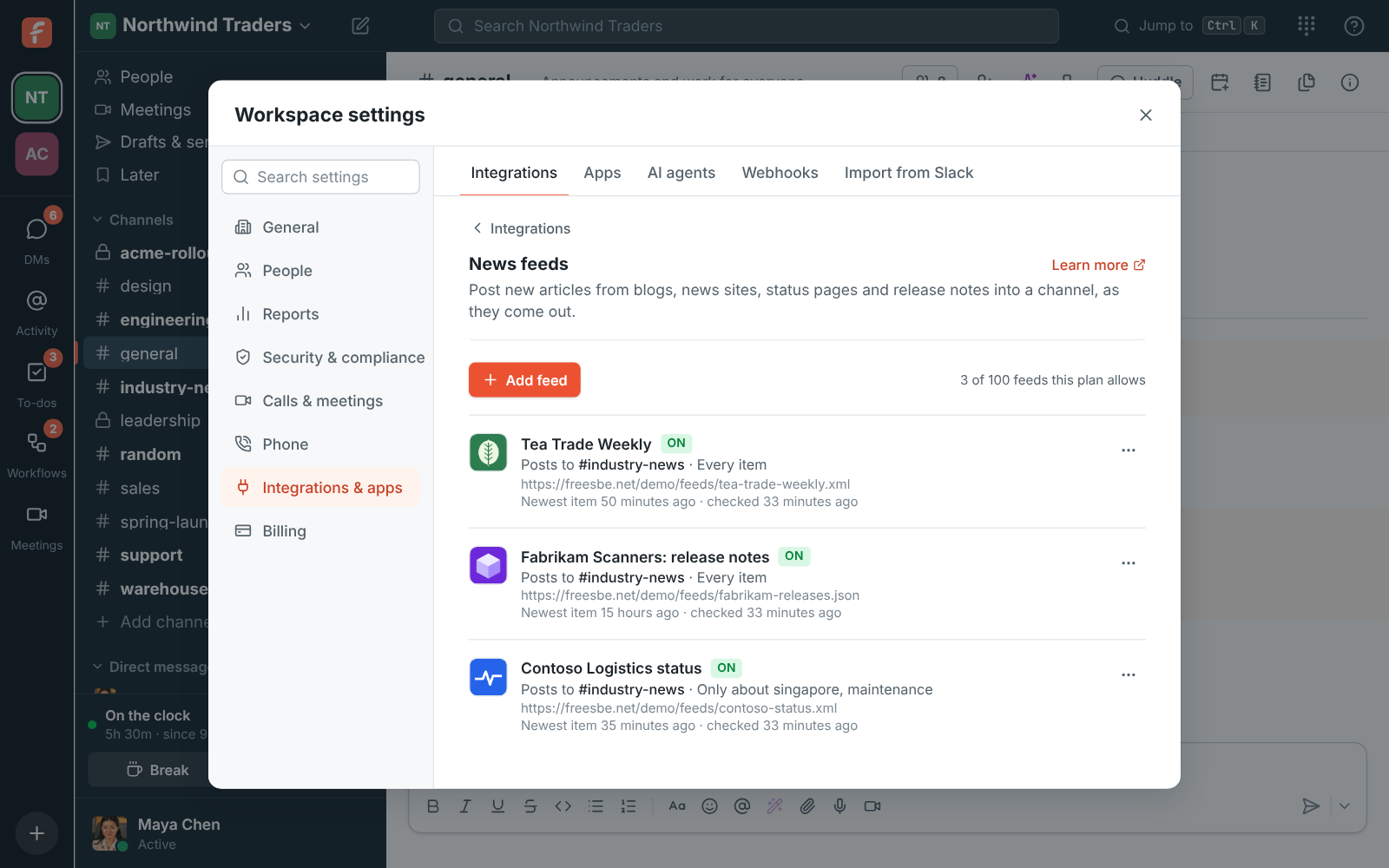 Workspace settings, Integrations, News feeds: Tea Trade Weekly, Contoso Logistics status filtered to Singapore and maintenance, and Fabrikam’s release notes, all posting to #industry-news