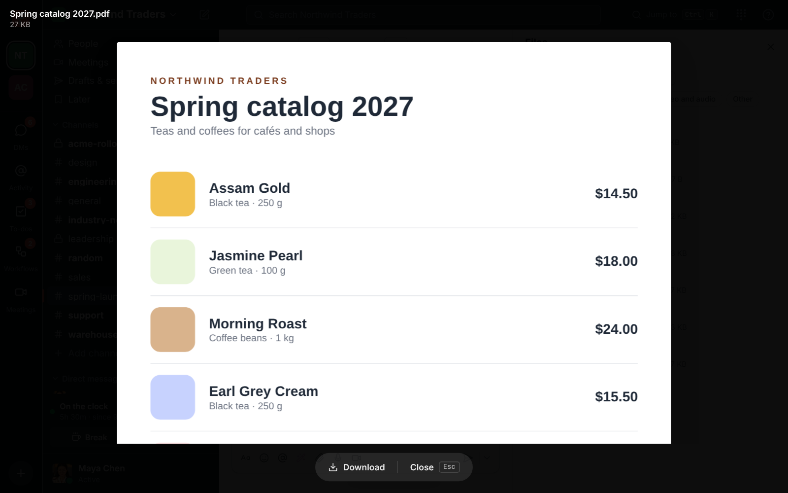 A PDF of the Northwind Traders spring catalog open in the file viewer, with Download and Close at the bottom