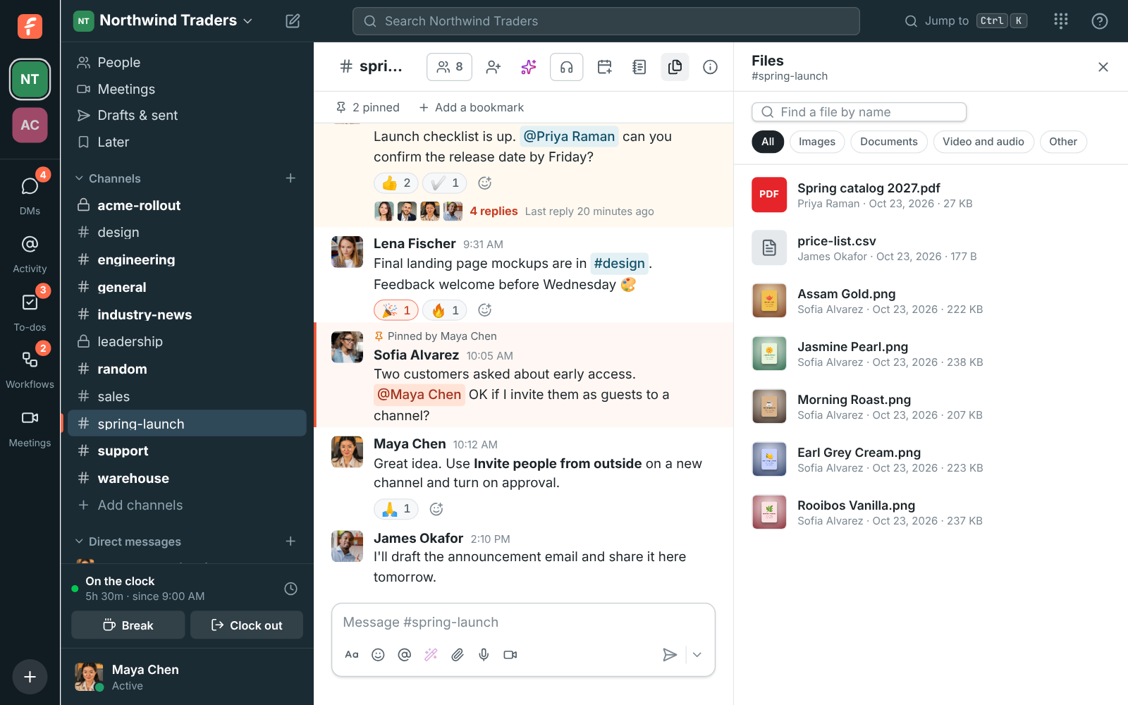 The Files tab of #spring-launch with product pictures, a PDF catalog and a CSV price list