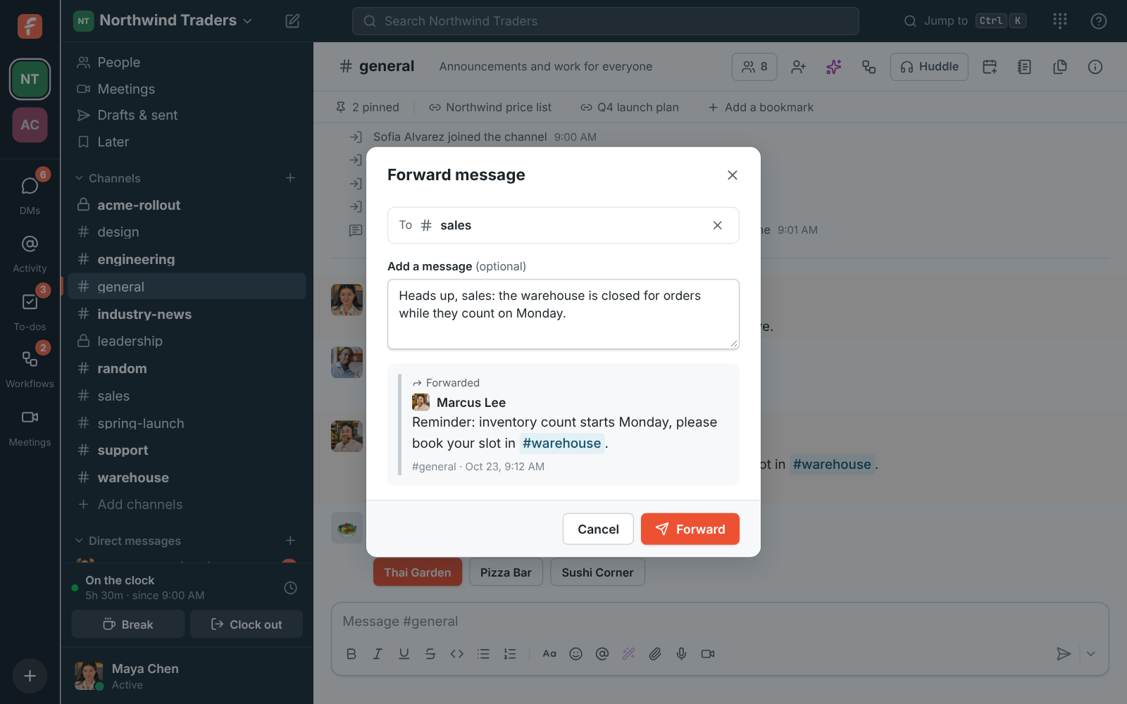 Forward message: sending Marcus’s inventory reminder to #sales with a note, and a preview of the forwarded message
