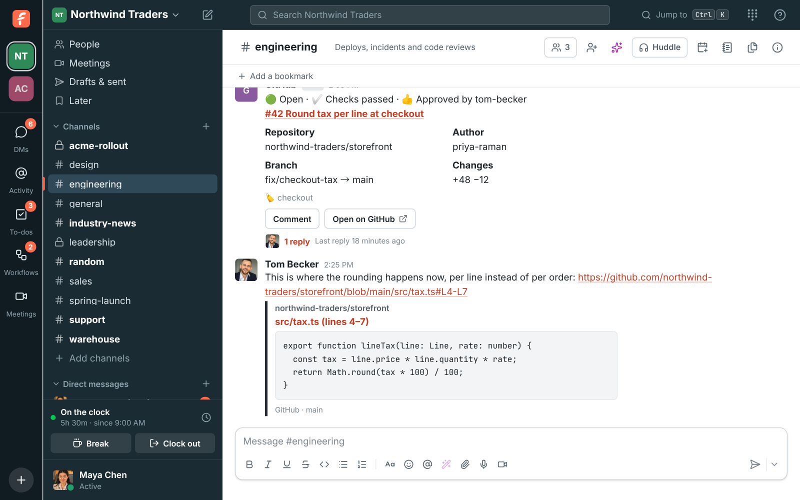 #engineering with a GitHub pull request card, open with checks passed and Tom’s approval and a reply under it, and a preview of the lines of code Tom linked