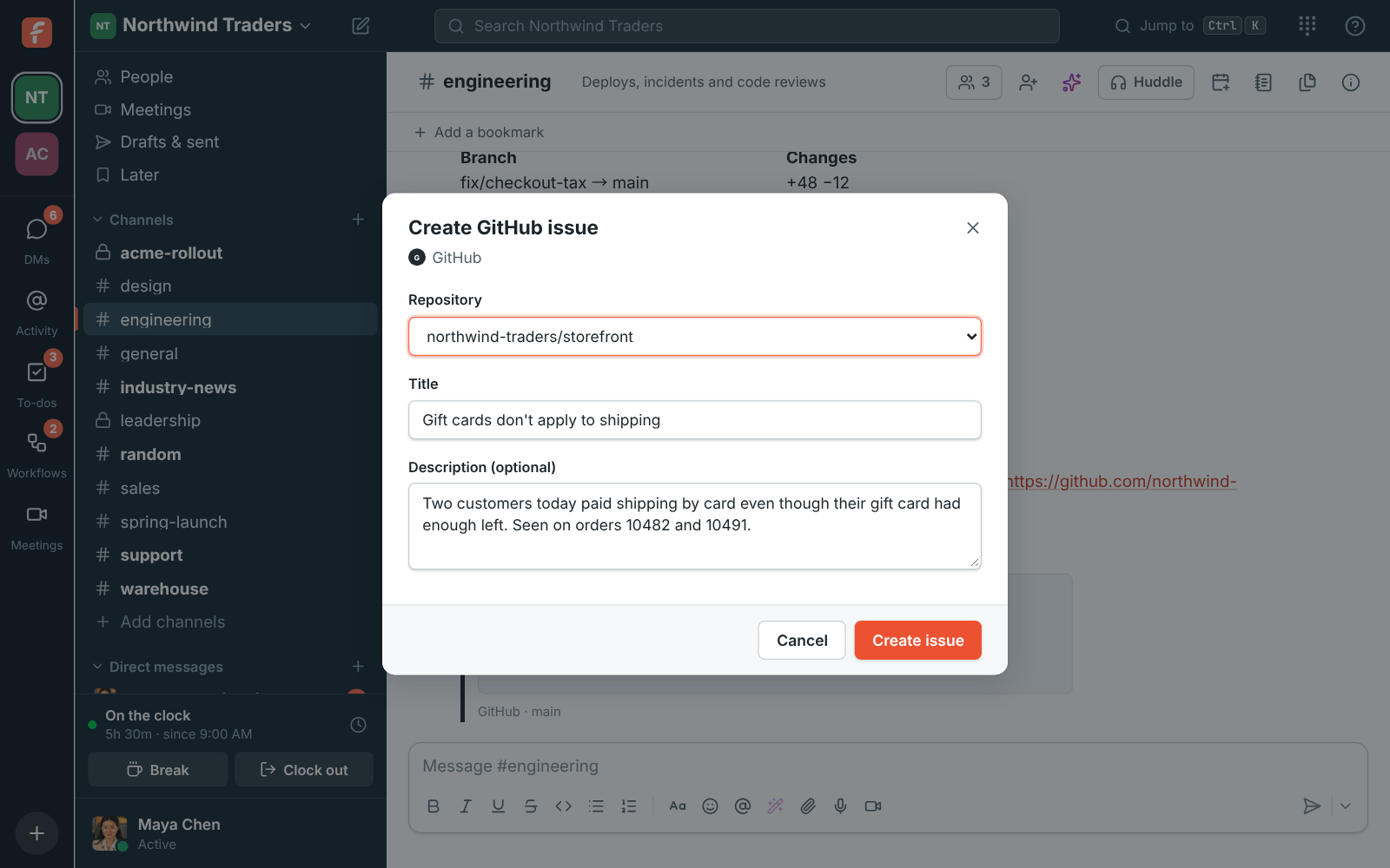 Create GitHub issue: the storefront repository, a title and a description filled in from the message