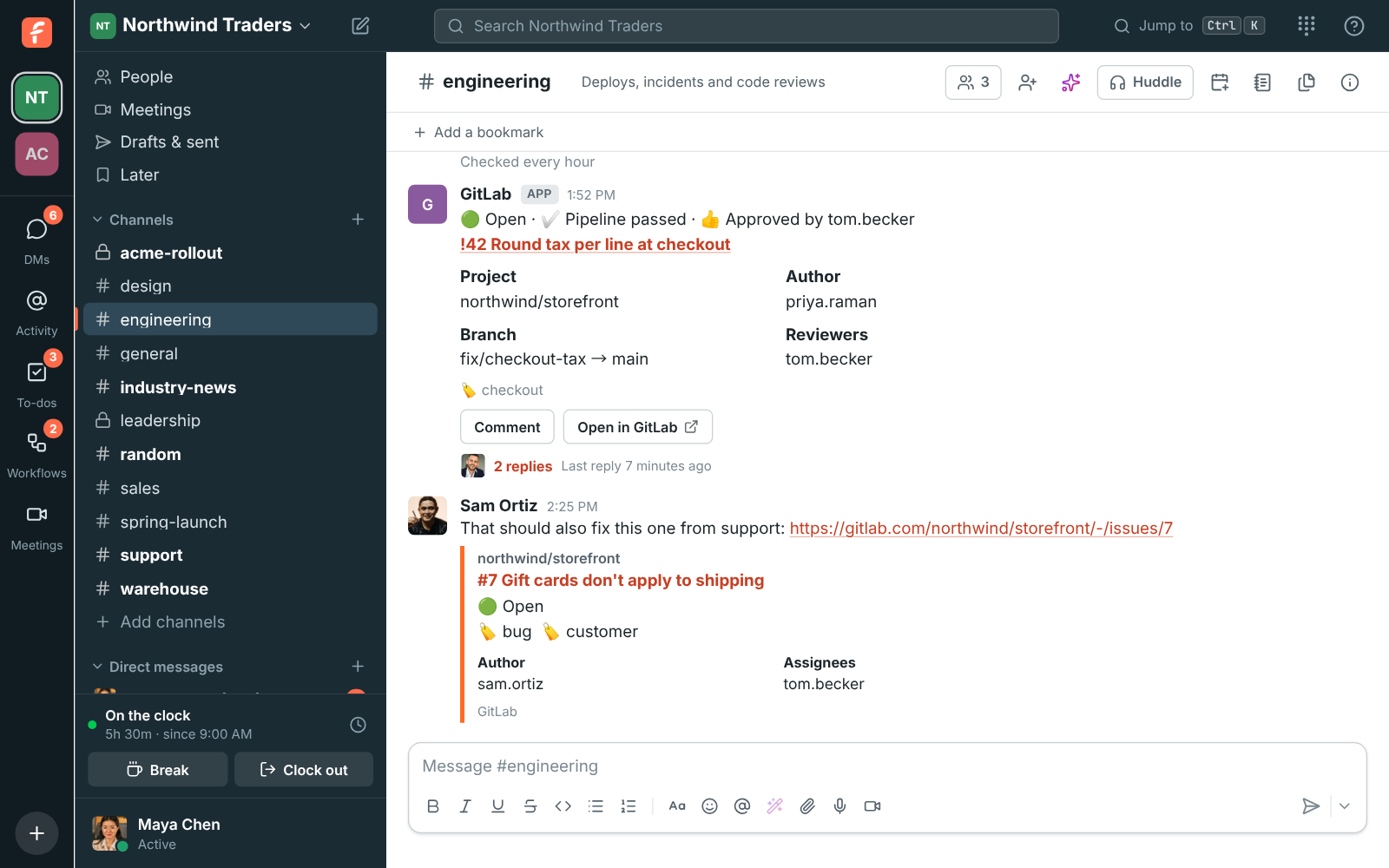 #engineering with a GitLab merge request card, open with its pipeline passed and Tom’s approval and replies under it, and a preview of an issue Sam linked