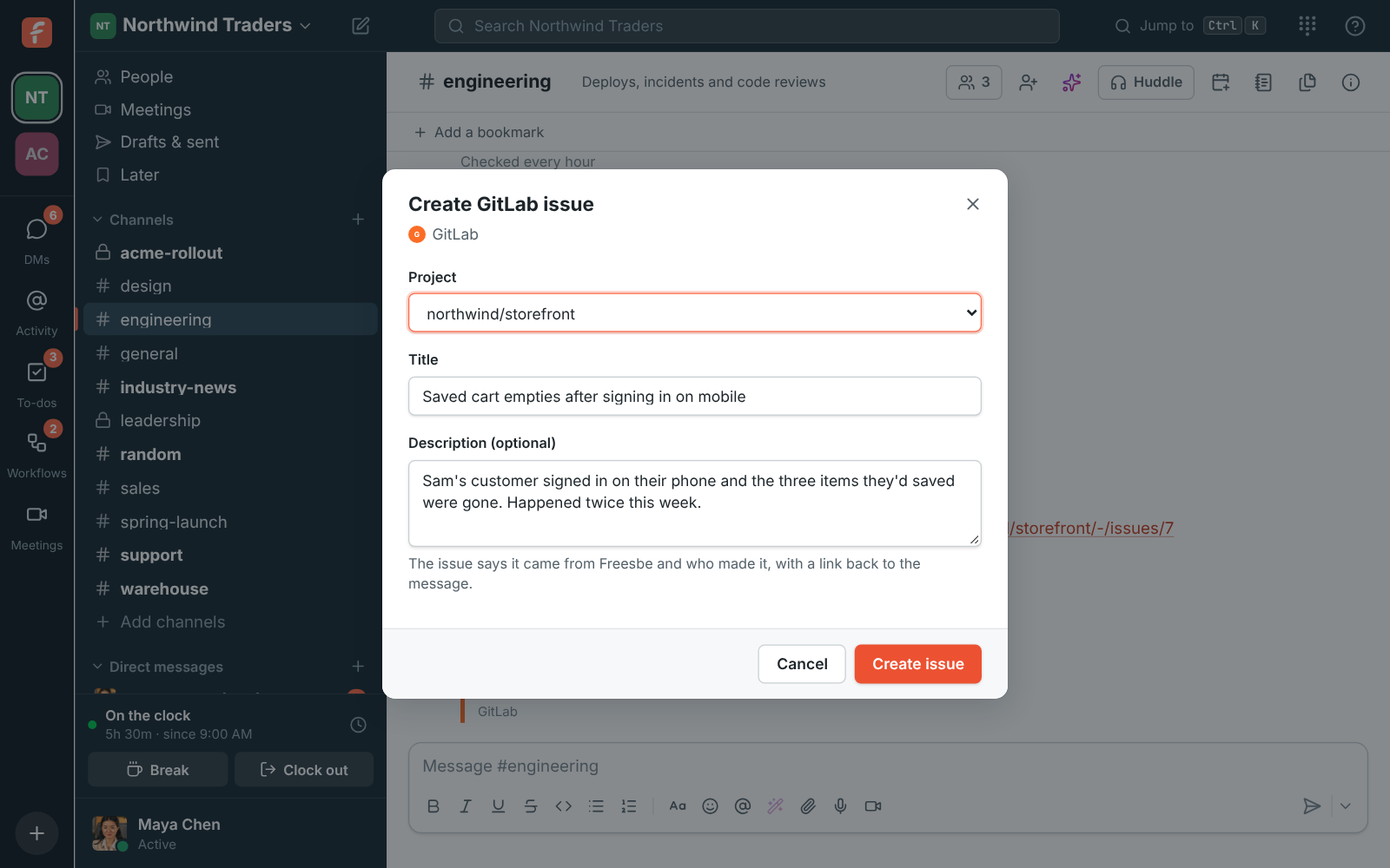 Create GitLab issue: the storefront project, a title and a description filled in from the message