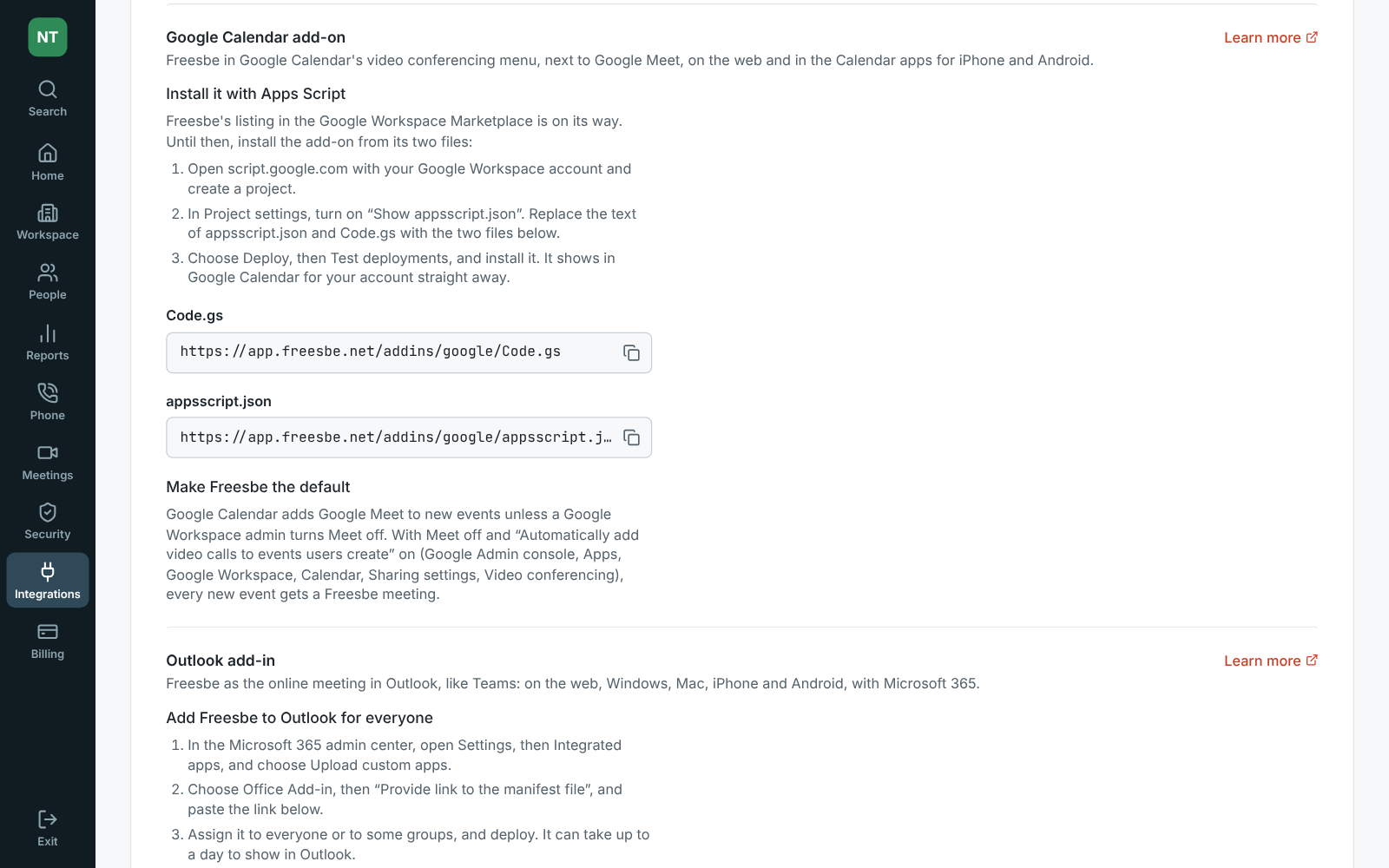 Admin Center, Integrations, Calendar: the switch for calendar add-ins and the Google Calendar add-on’s install steps and files