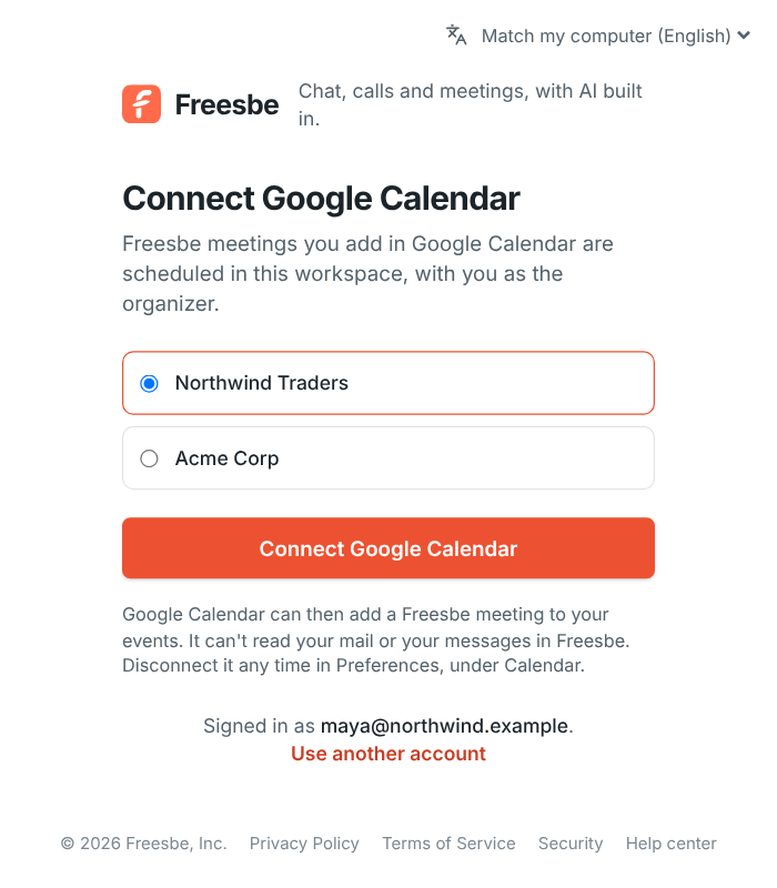Connect Google Calendar: the workspace Northwind Traders, a Connect Google Calendar button, and what the add-on can and can’t do