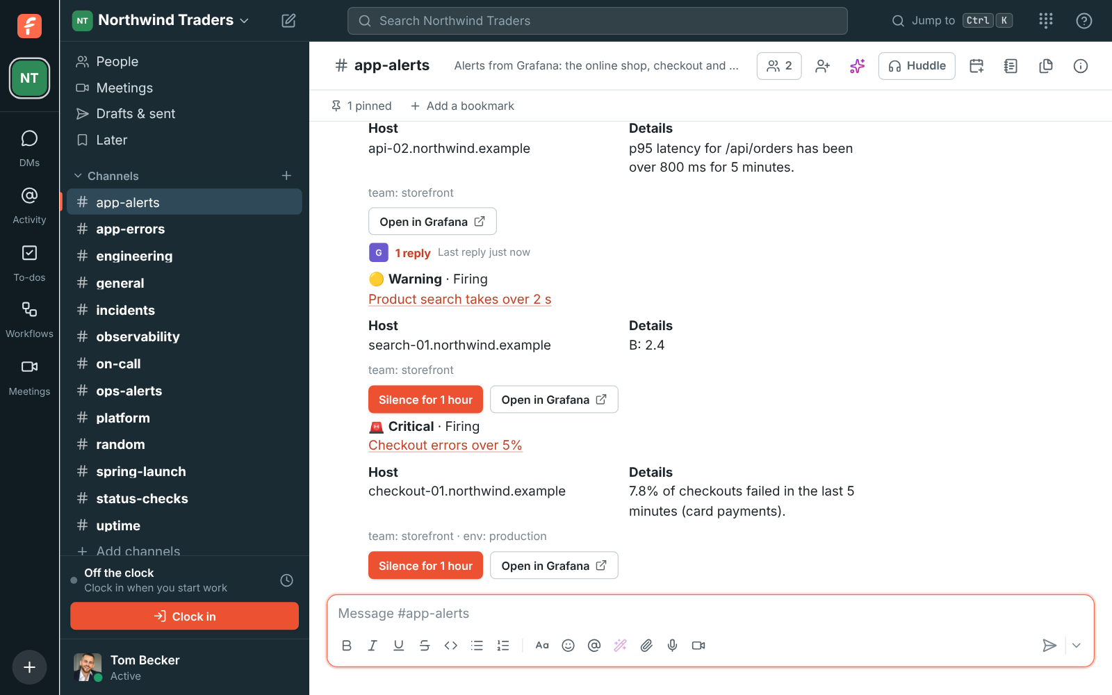 #app-alerts with Grafana alerts: checkout errors and a slow search firing, and an API latency alert that resolved after 6 minutes