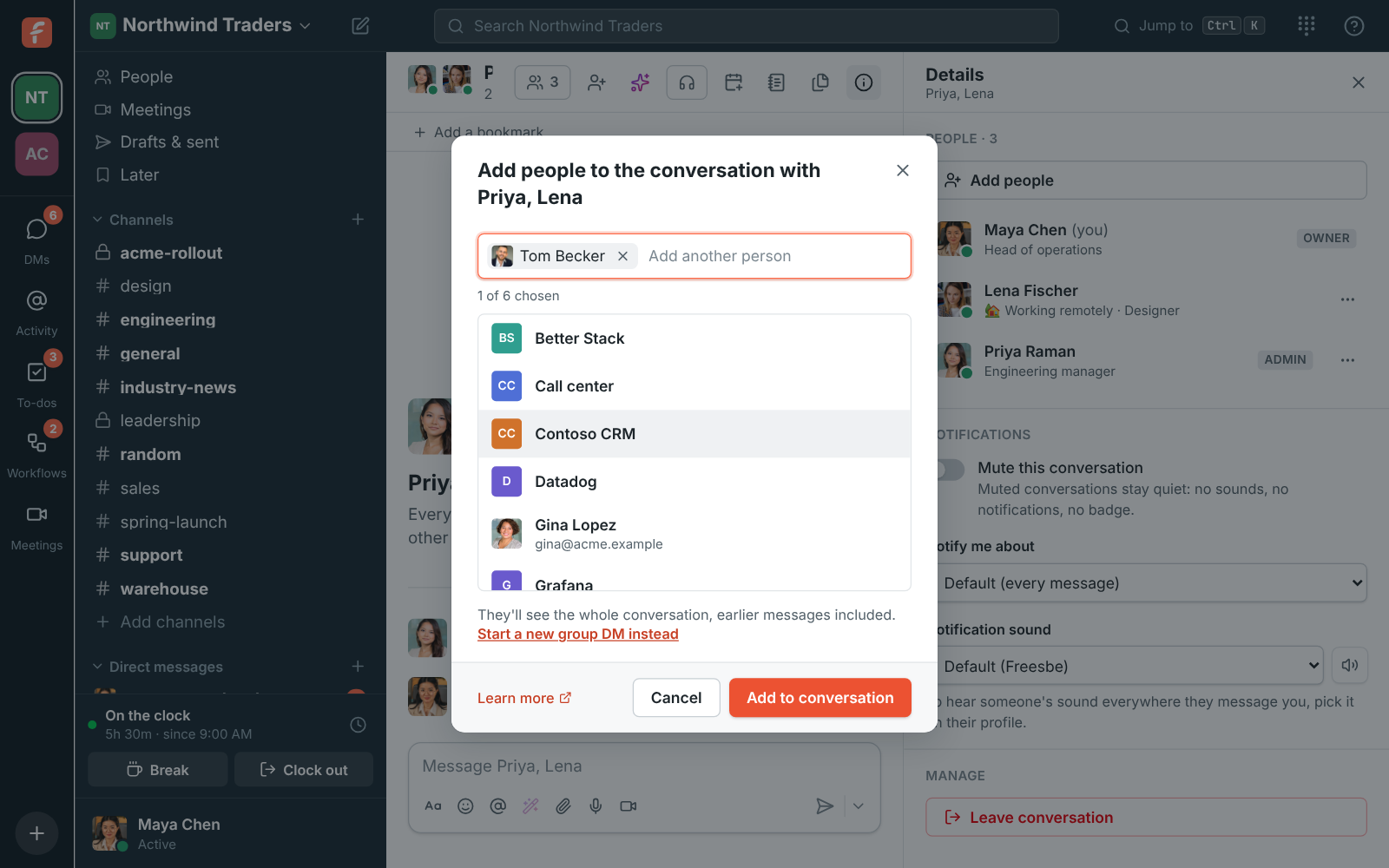The Add people dialog for a group DM with Tom Becker picked, and a note that he’ll see earlier messages