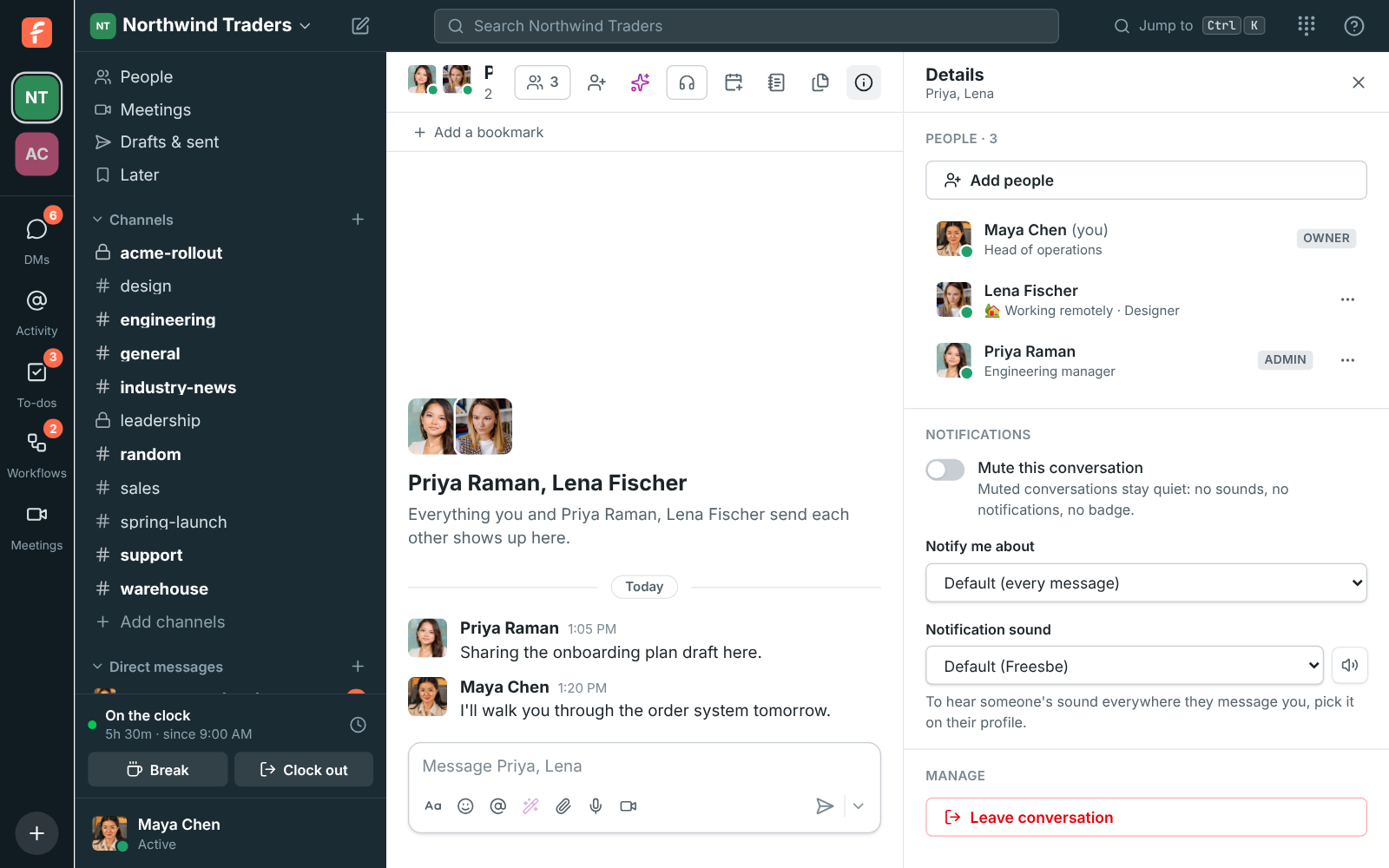 Details of a group DM with Maya, Lena and Priya listed under People, each with their job title