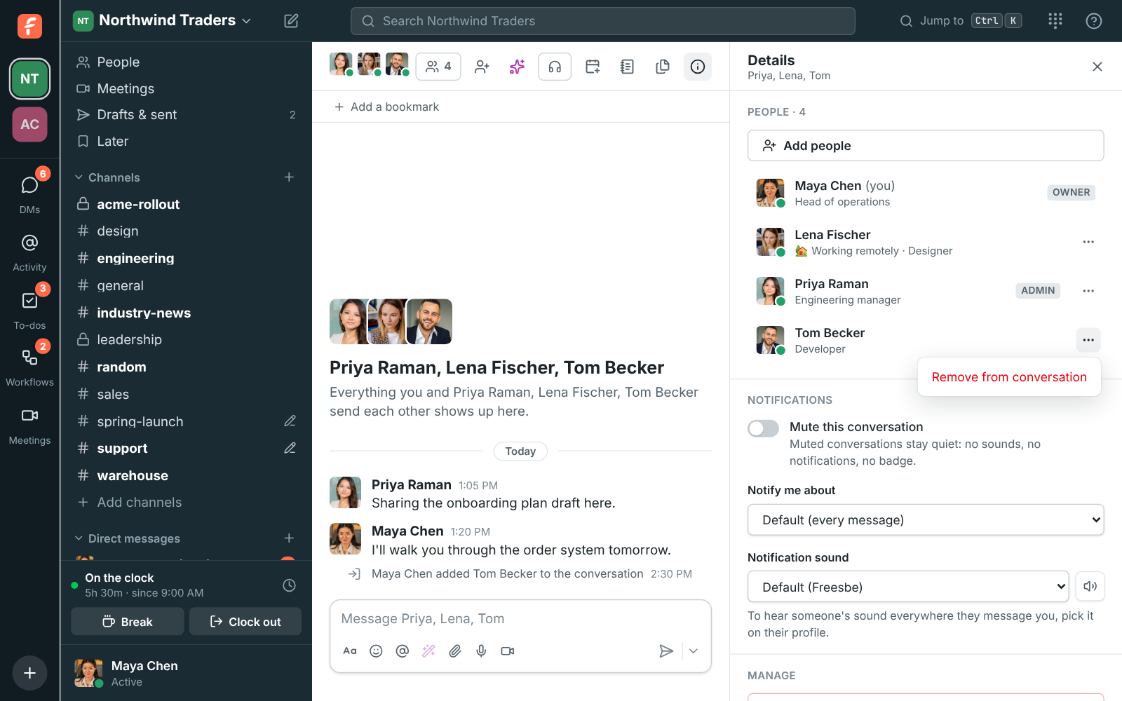 The … menu next to Tom Becker in the group DM’s details, showing Remove from conversation