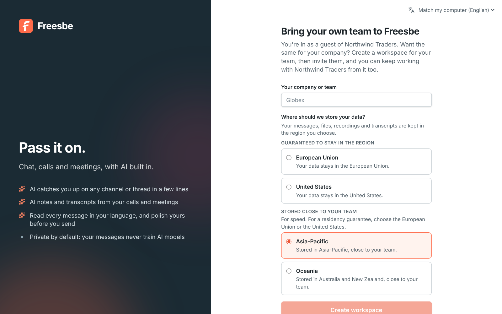 Bring your own team to Freesbe: create a workspace, or skip and go back to Acme
