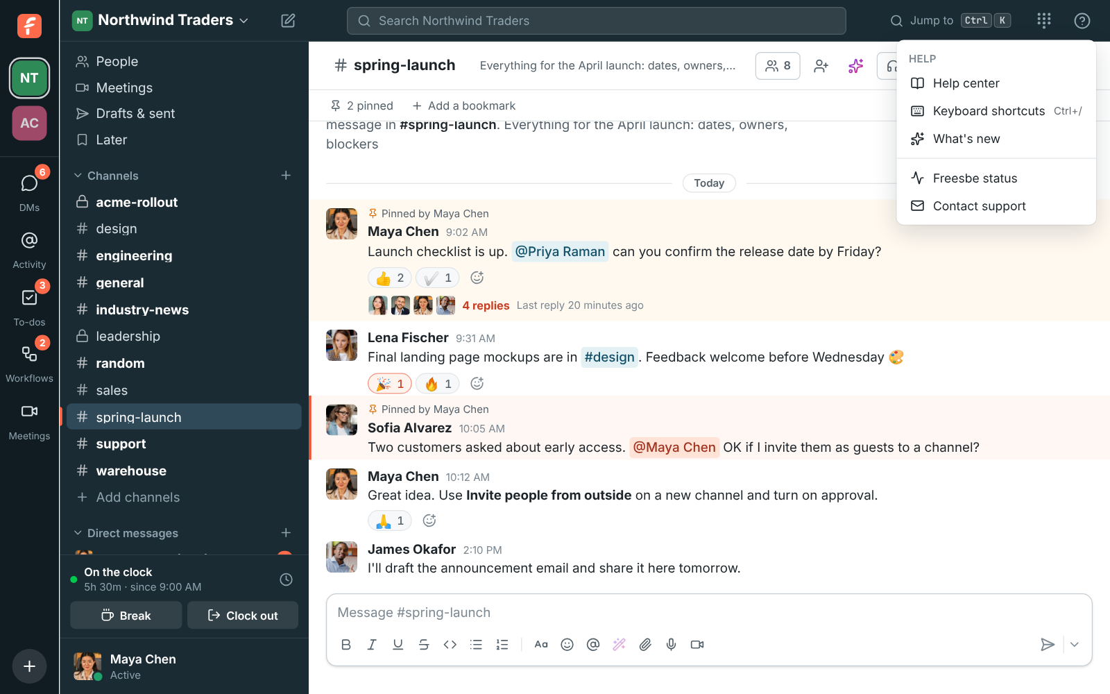 The Help menu open from the question mark in the top bar, with Help center, Keyboard shortcuts, What’s new, Freesbe status and Contact support