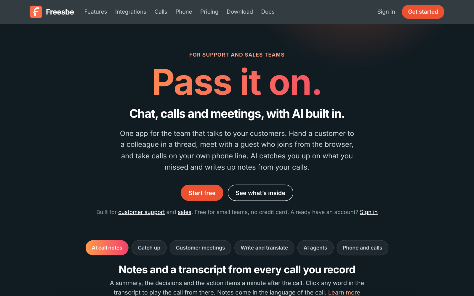 The Freesbe home page: Pass it on. Chat, calls and meetings, with AI built in.