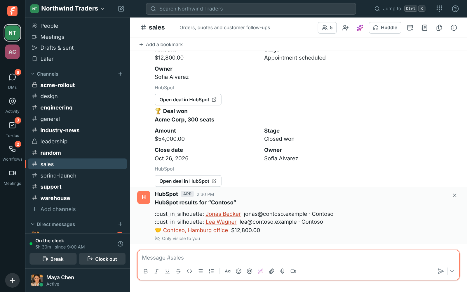 The answer to /hubspot Contoso, only visible to Maya: two Contoso contacts and the Contoso deal
