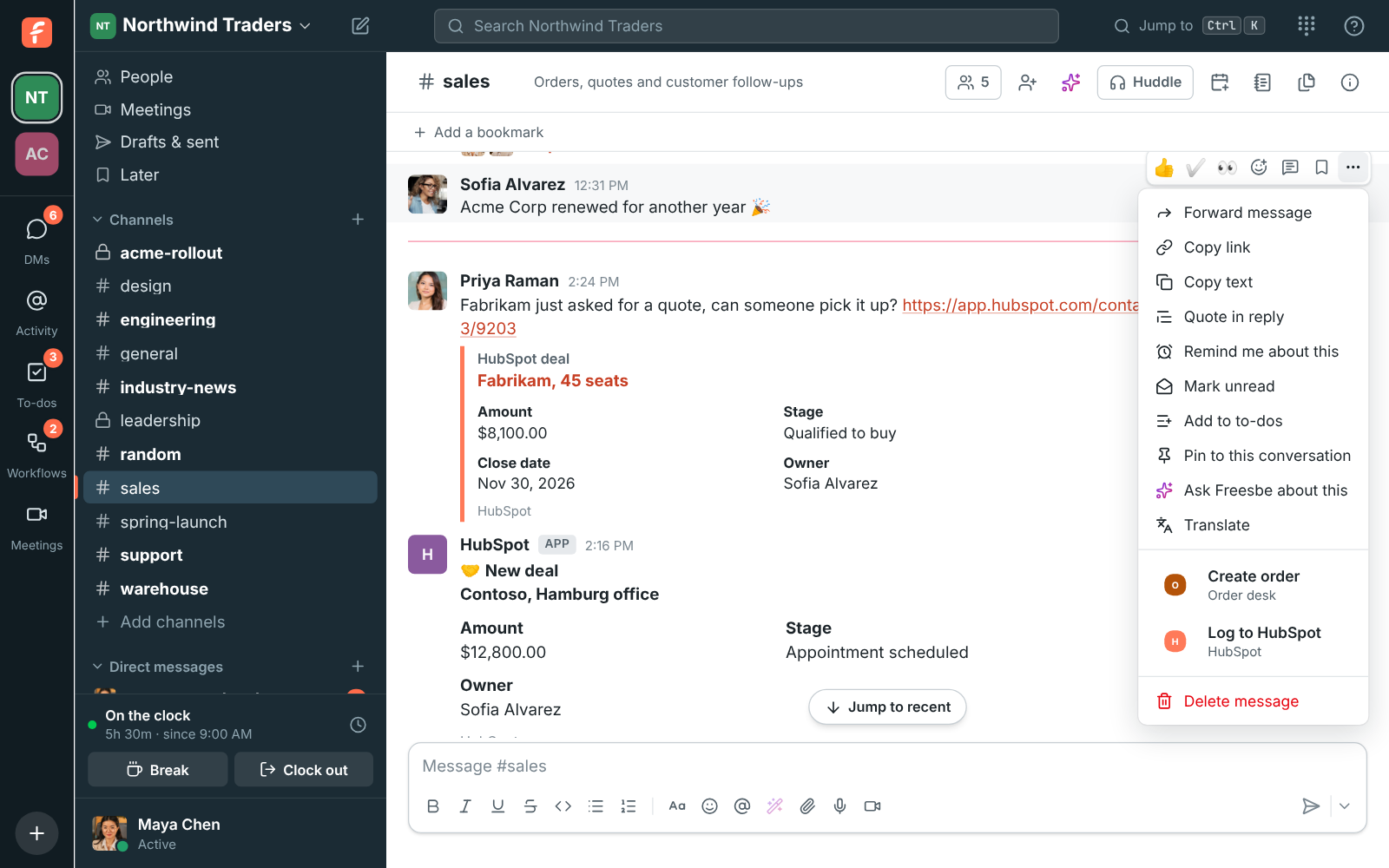 A message’s More actions menu with Log to HubSpot under the HubSpot app
