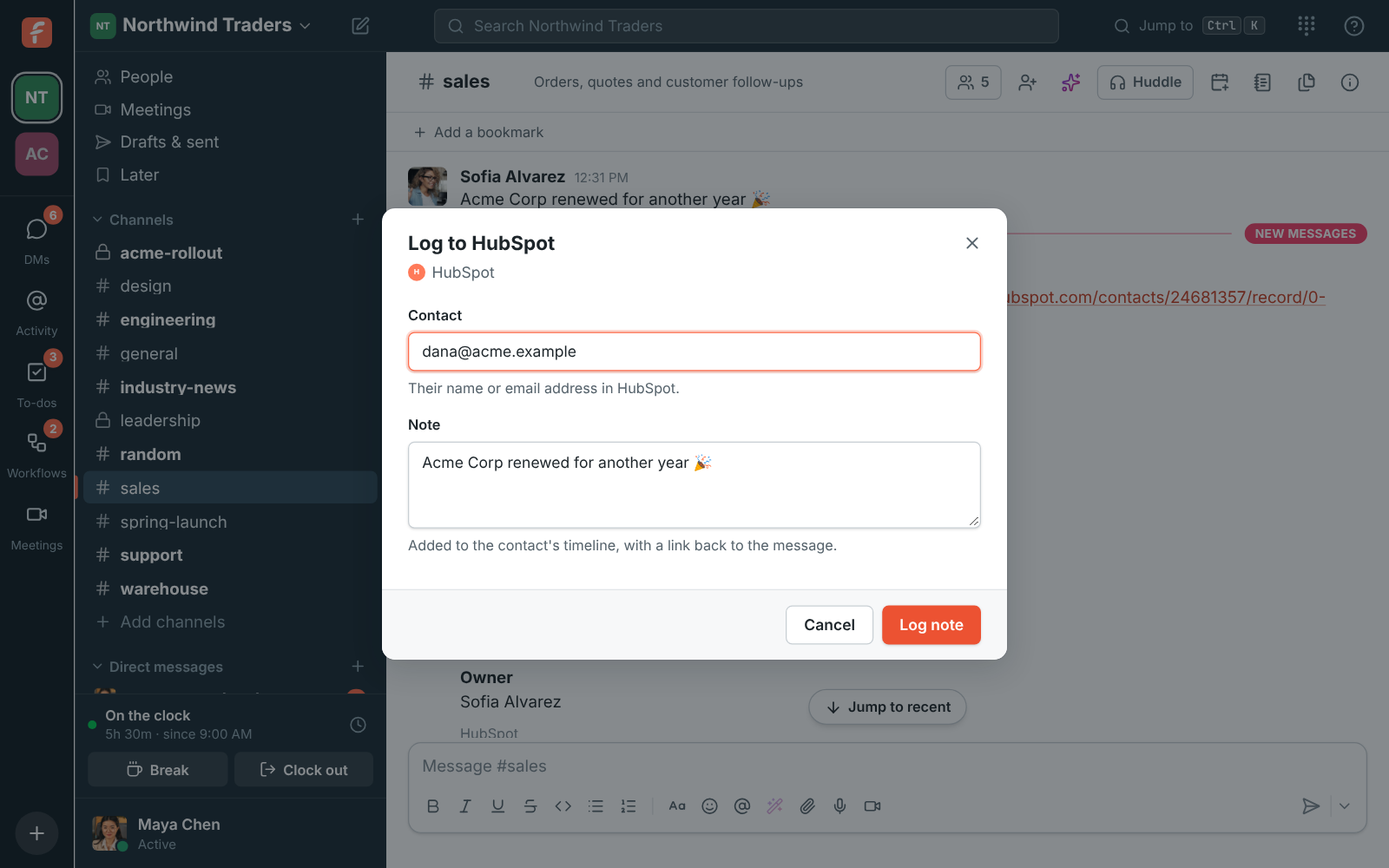 Log to HubSpot: the contact's email address and the note