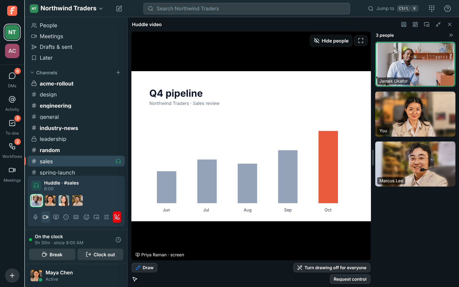A huddle made bigger: a shared screen and three cameras, with the sidebar still usable