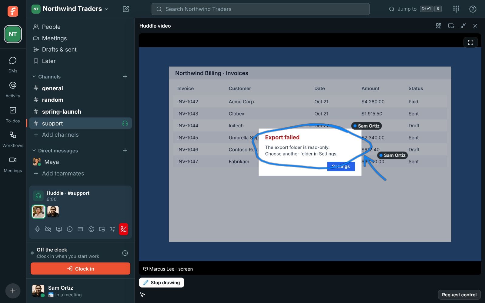 A huddle in #support with the video made bigger: Marcus Lee shares the billing app’s Export failed message, and Sam Ortiz has circled it and drawn an arrow to the line that says to choose another folder
