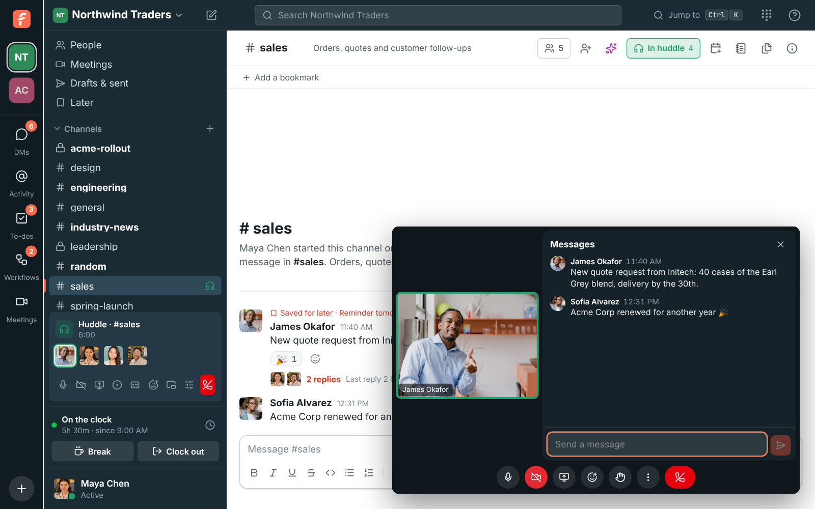 The floating window with In-call messages open: James’s video shrunk to one tile on the left and the #sales messages with a box to reply beside it