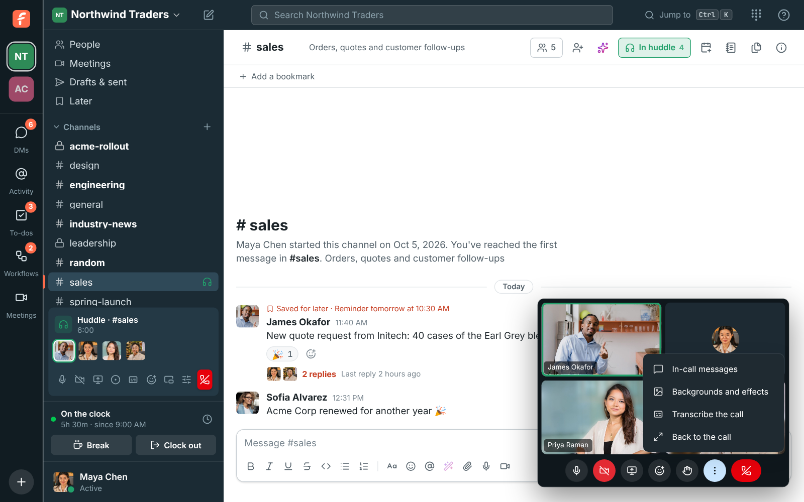 The huddle floating in its own window over #sales, with James, Priya and Marcus on camera and the More options menu open: In-call messages, Backgrounds and effects, Transcribe the call, Back to the call