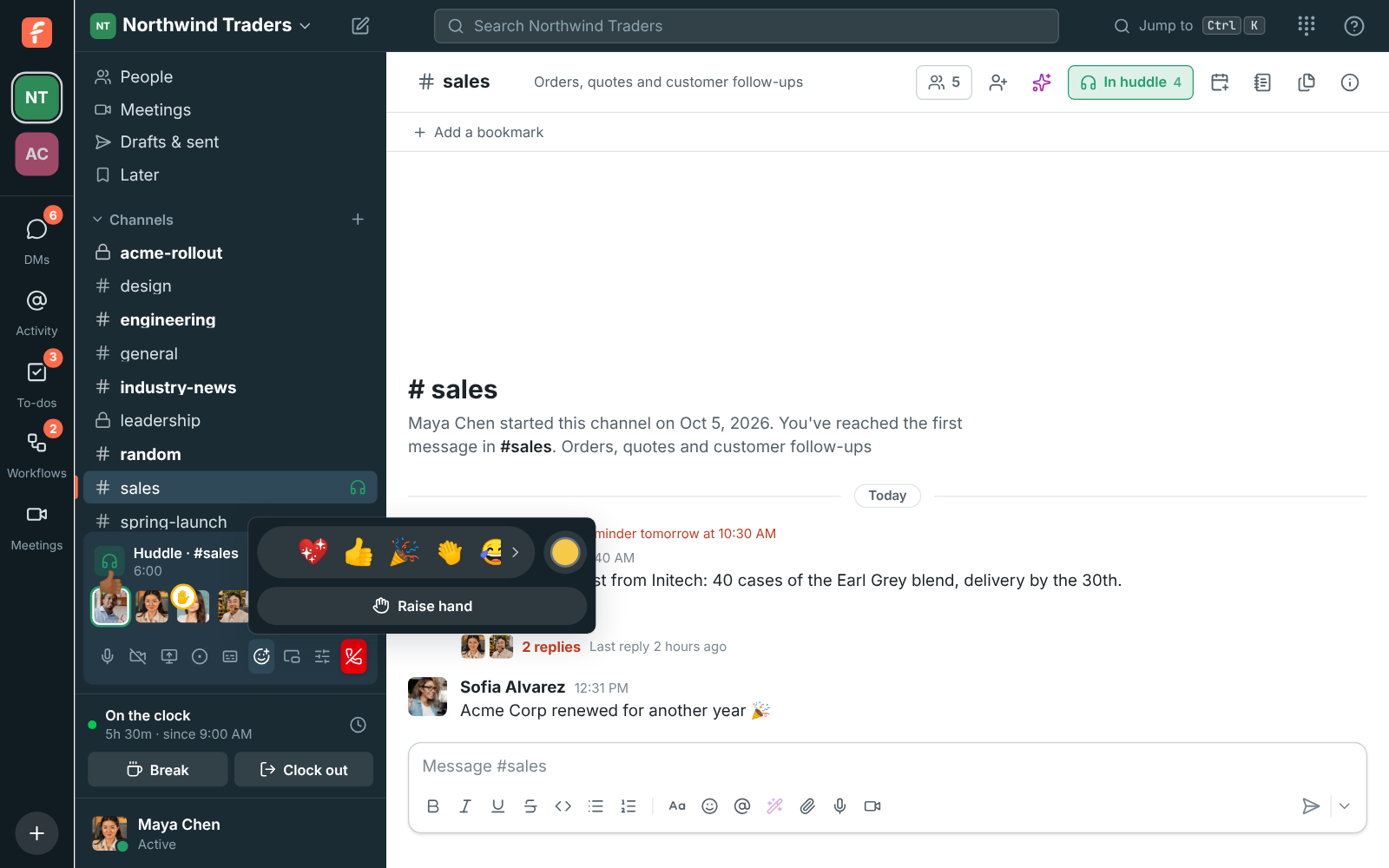 The reaction bar open from the huddle bar in #sales, with Raise hand under it, a thumbs up floating over James Okafor and Priya Raman’s hand raised